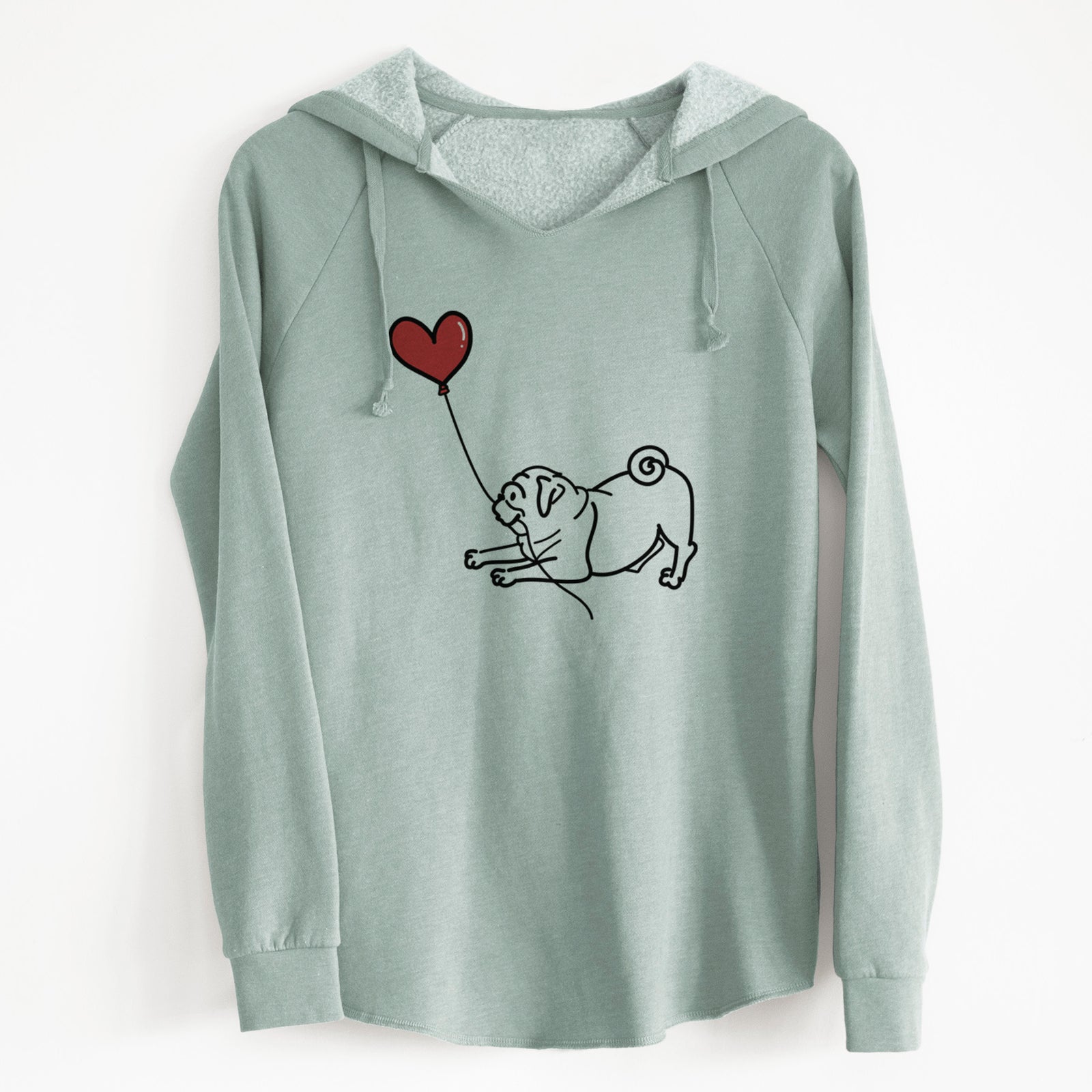 Minimalist line drawing of a Pug Heart String holding a heart balloon on a Sage Cali Wave Hooded Sweatshirt