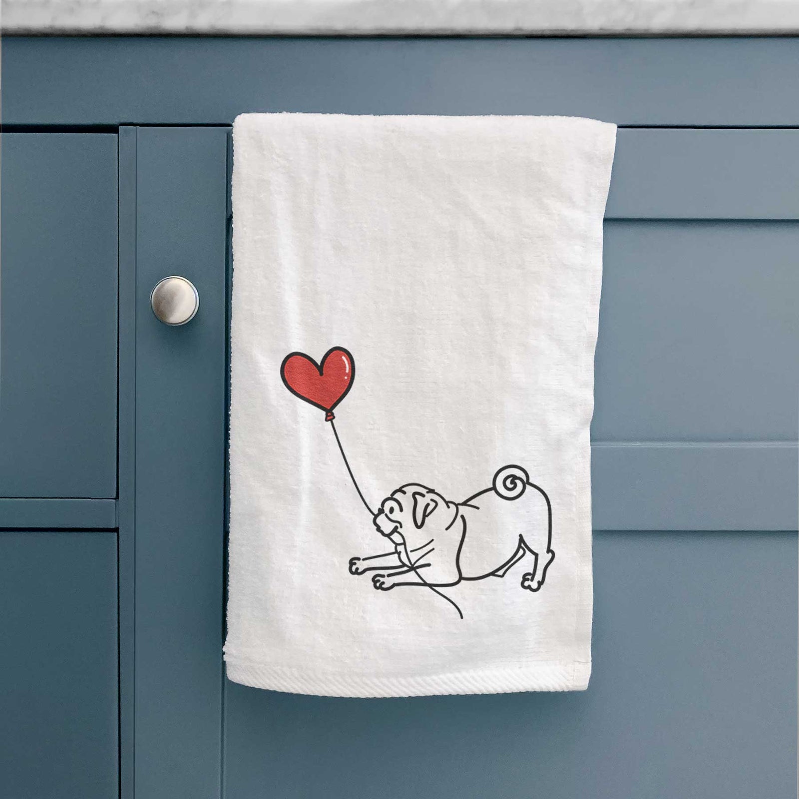 Minimalist line drawing of a Pug Heart String holding a heart balloon on a decorative hand towel