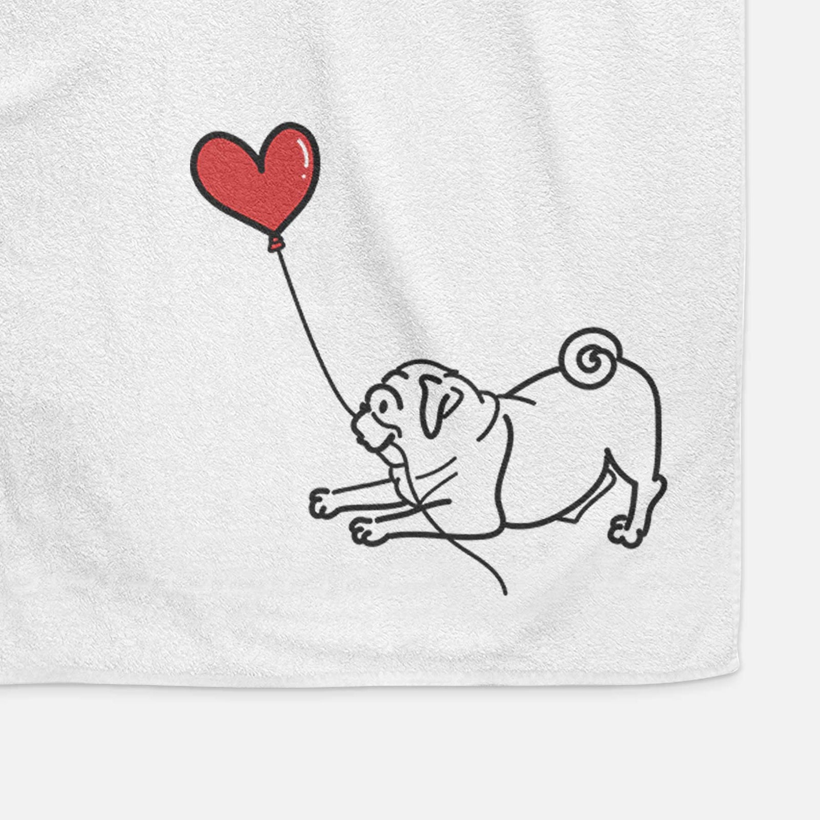 Minimalist line drawing of a Pug Heart String holding a heart balloon on a decorative hand towel