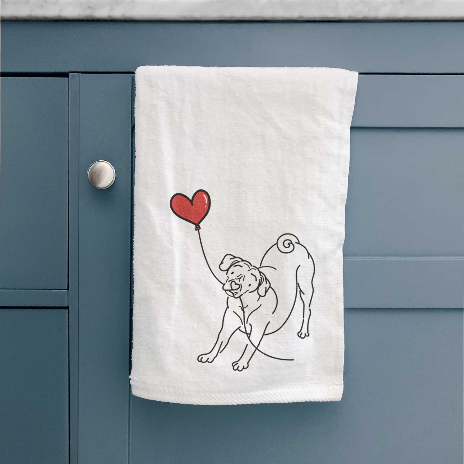 Minimalist line drawing of a Puggle Heart String holding a heart balloon on a decorative hand towel