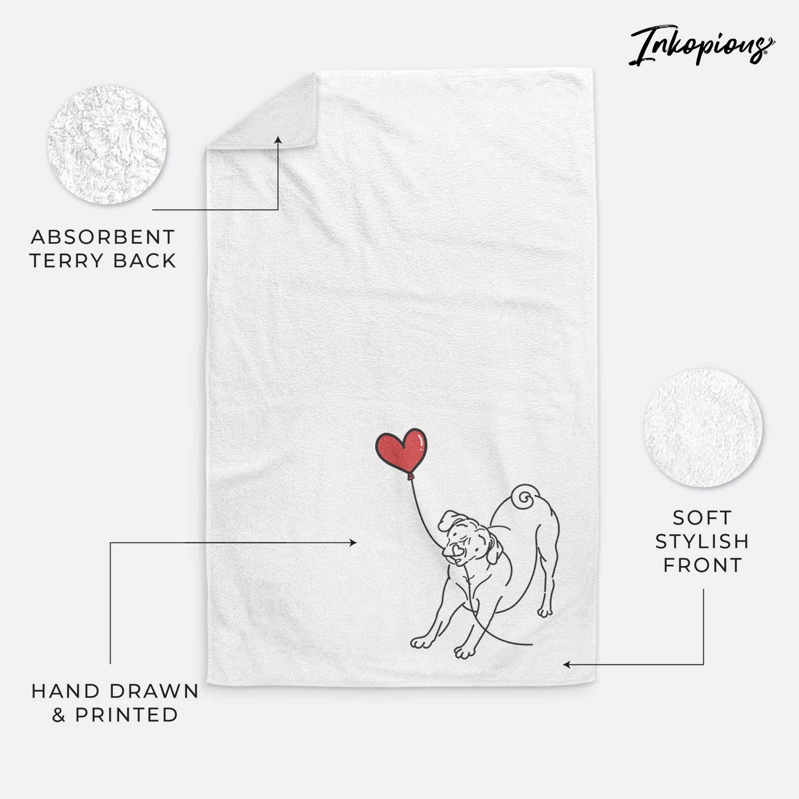 Minimalist line drawing of a Puggle Heart String holding a heart balloon on a decorative hand towel