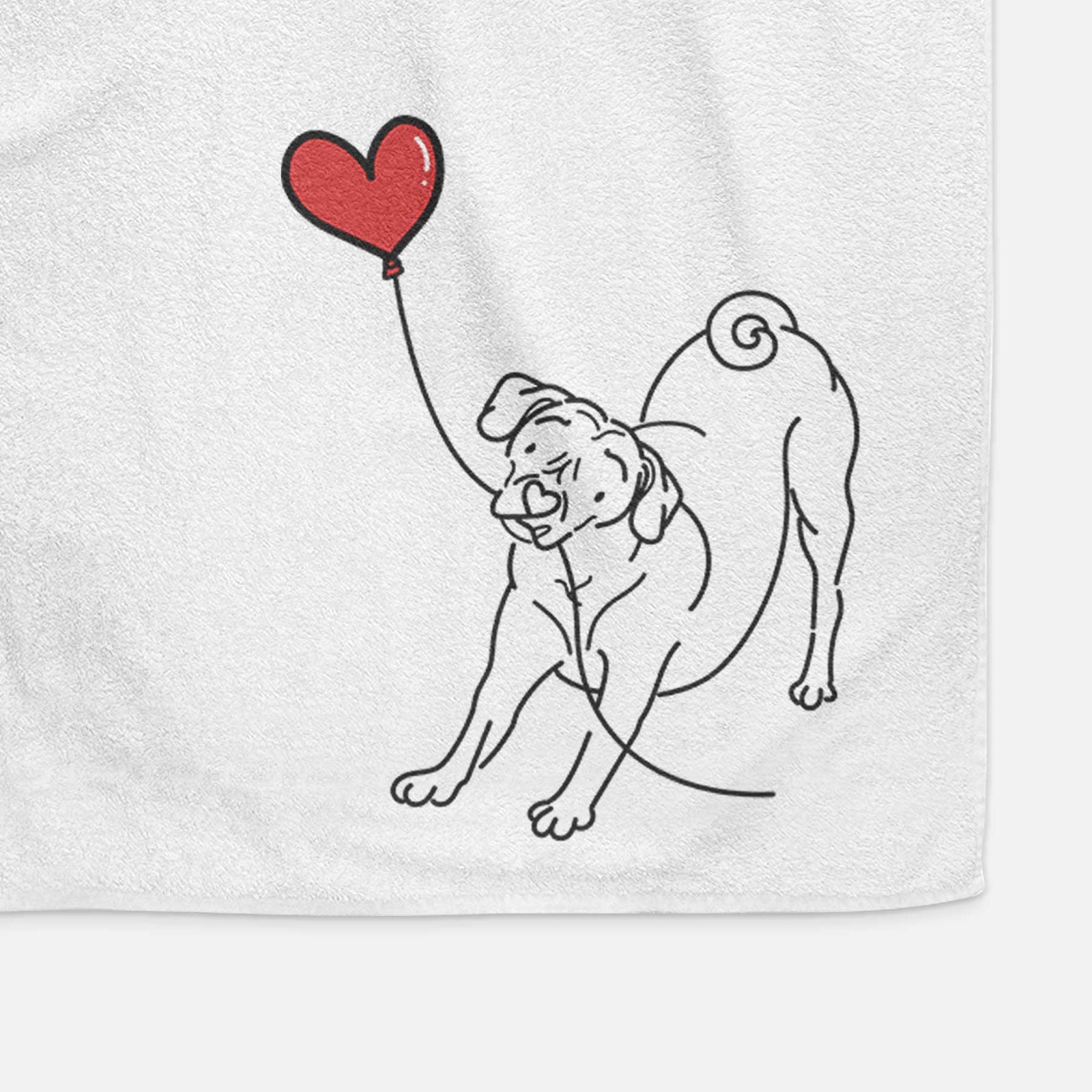 Minimalist line drawing of a Puggle Heart String holding a heart balloon on a decorative hand towel