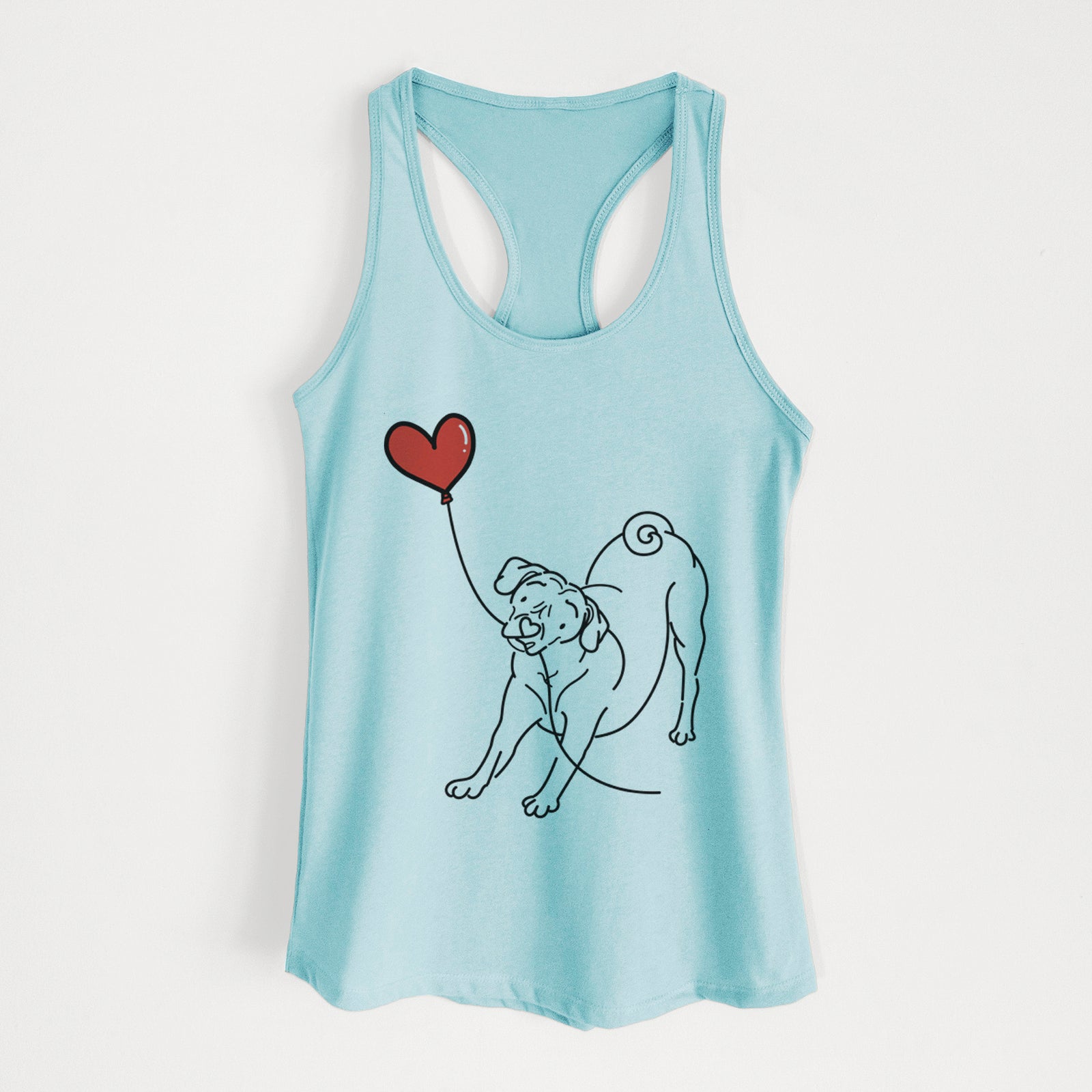 Minimalist line drawing of a Puggle Heart String holding a heart balloon on a Cancun Blue Women's racerback tanktop