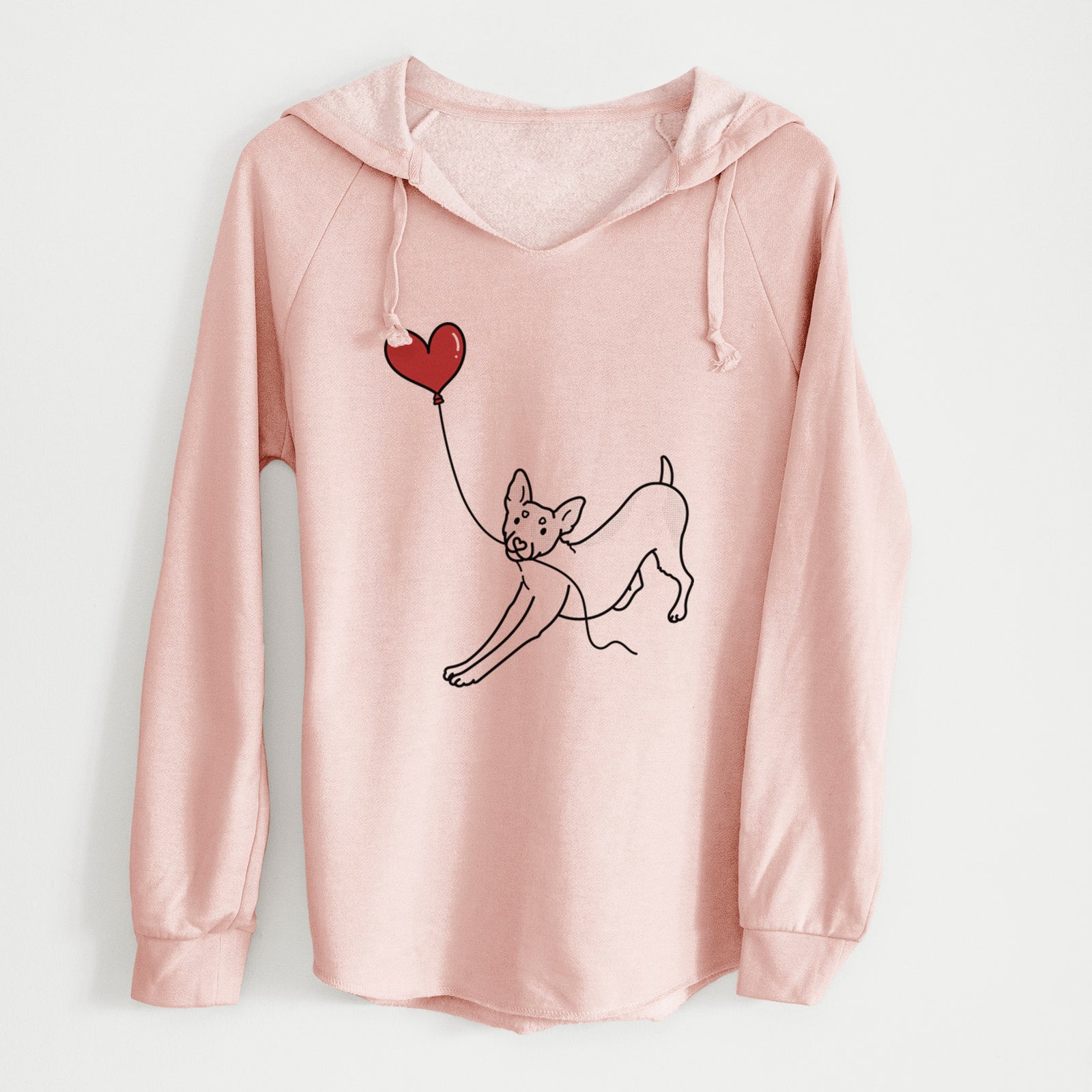 Minimalist line drawing of a Rat Terrier Heart String holding a heart balloon on a Blush Cali Wave Hooded Sweatshirt