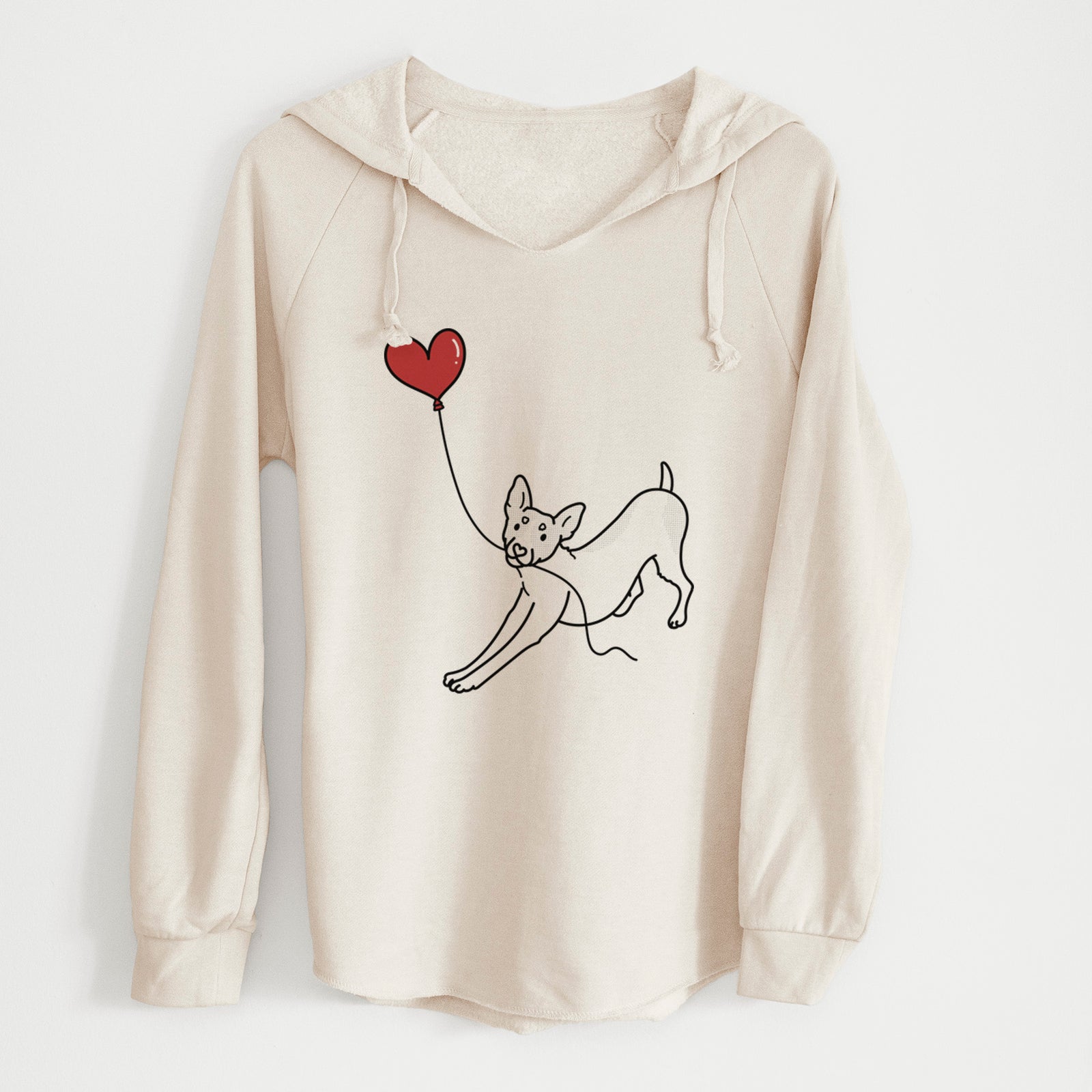 Minimalist line drawing of a Rat Terrier Heart String holding a heart balloon on a Bone Cali Wave Hooded Sweatshirt