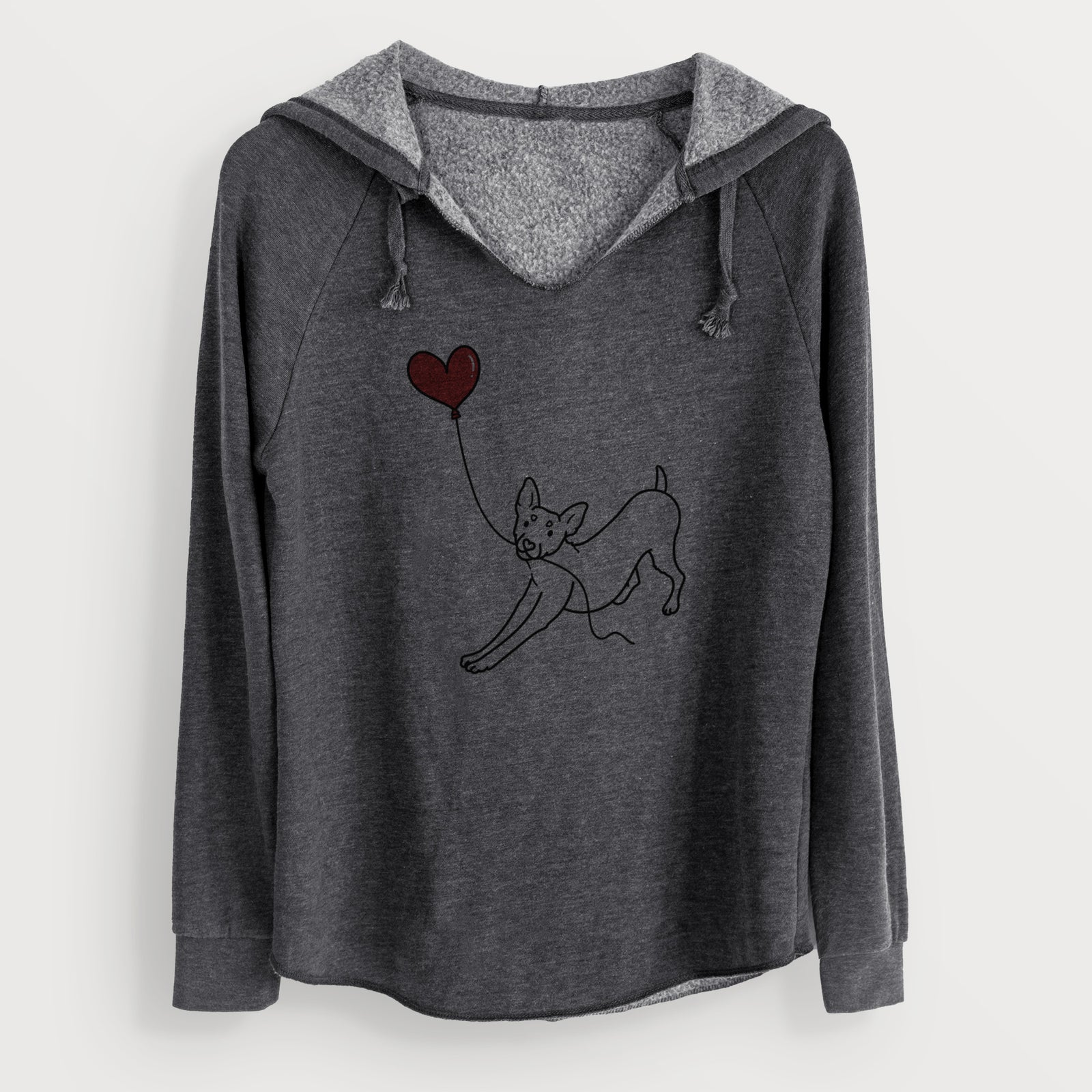 Minimalist line drawing of a Rat Terrier Heart String holding a heart balloon on a Charcoal Cali Wave Hooded Sweatshirt