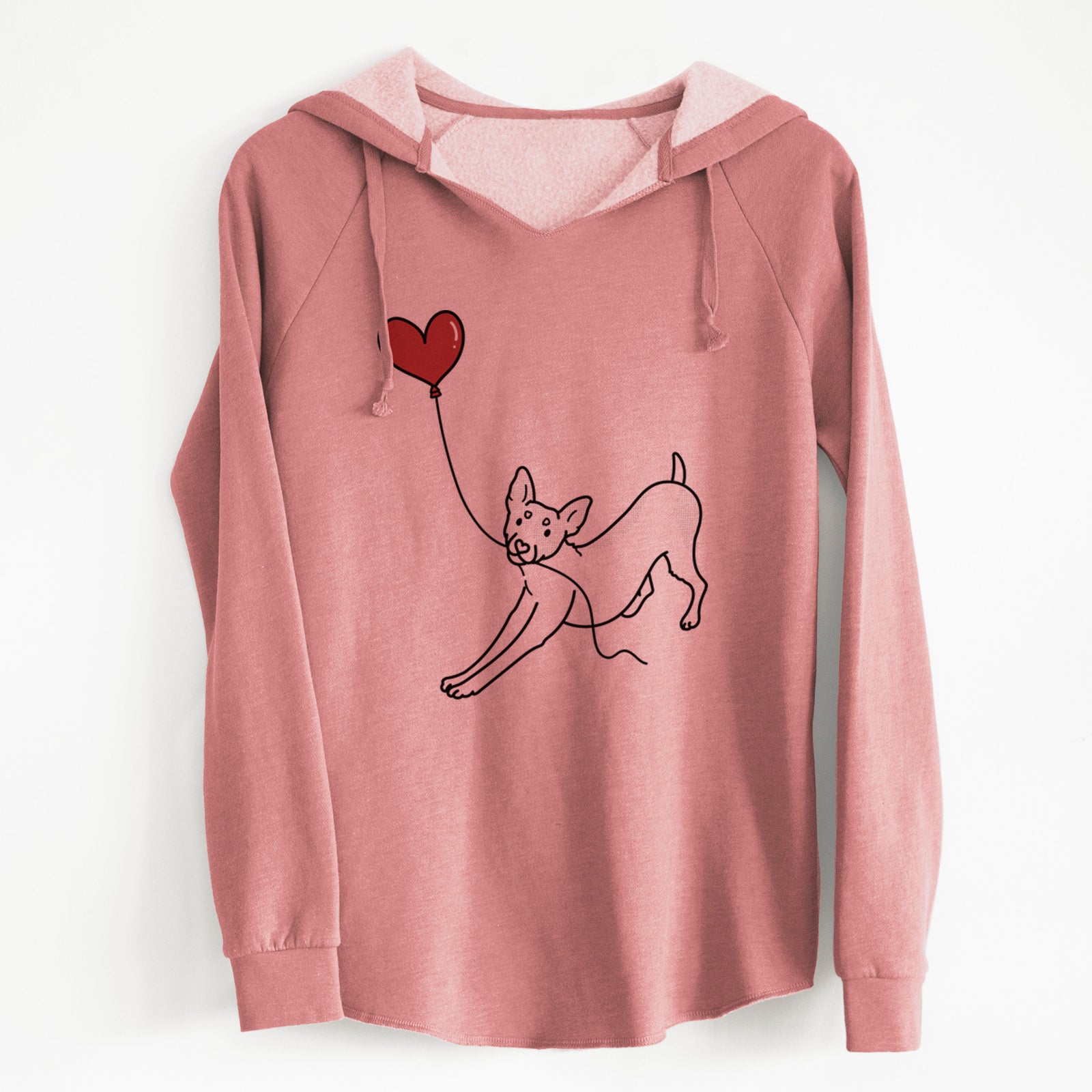 Minimalist line drawing of a Rat Terrier Heart String holding a heart balloon on a Dusty Rose Cali Wave Hooded Sweatshirt