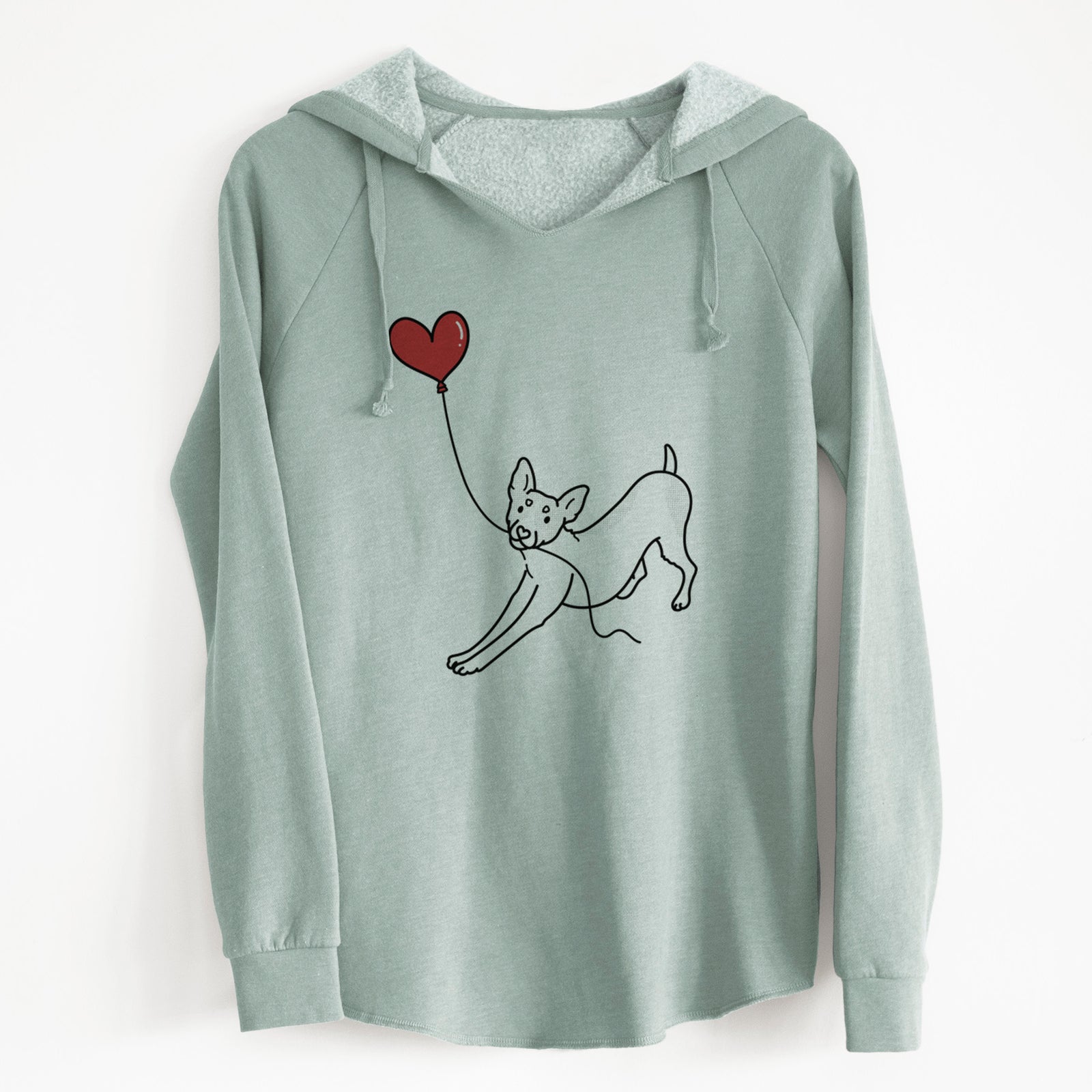 Minimalist line drawing of a Rat Terrier Heart String holding a heart balloon on a Sage Cali Wave Hooded Sweatshirt