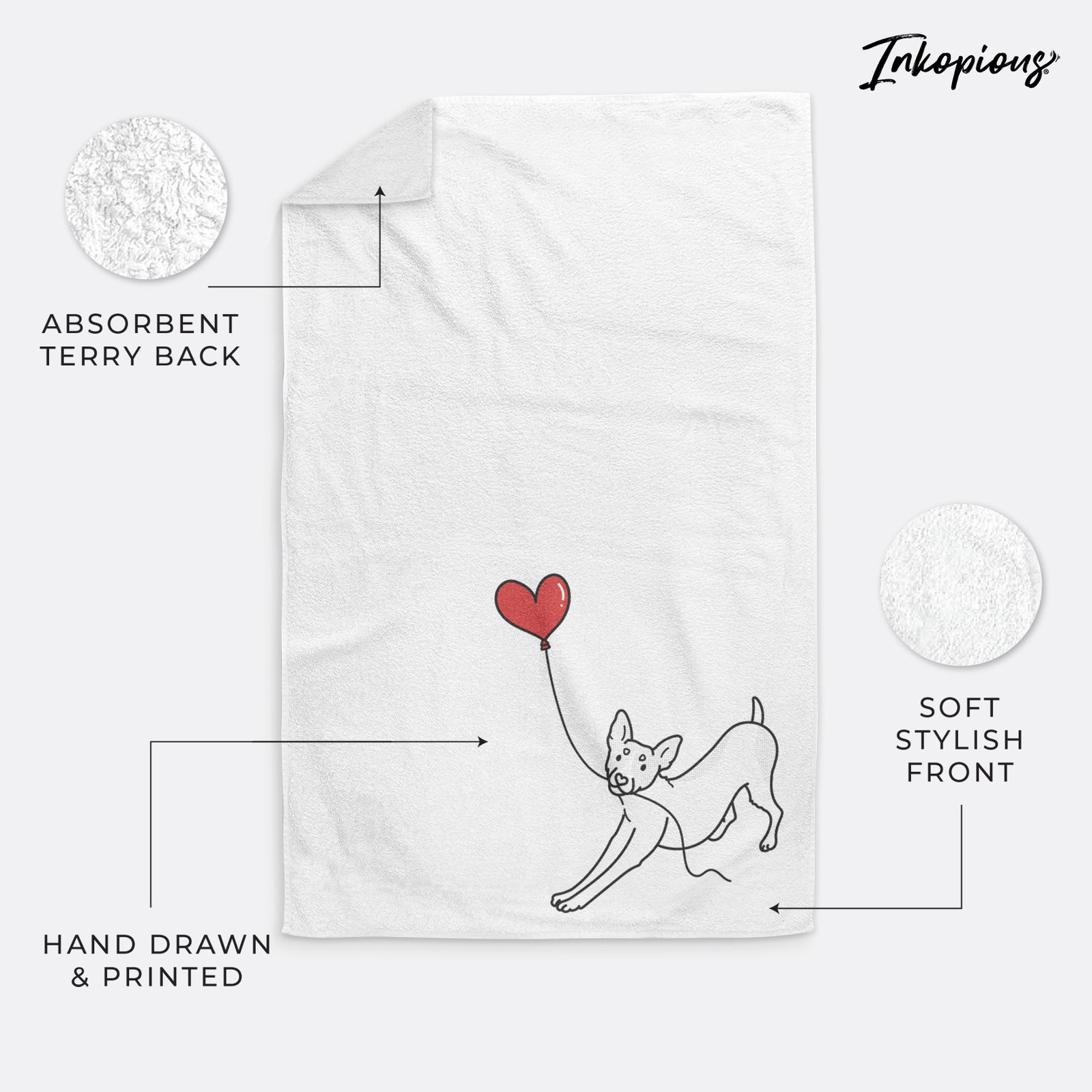 Minimalist line drawing of a Rat Terrier Heart String holding a heart balloon on a decorative hand towel