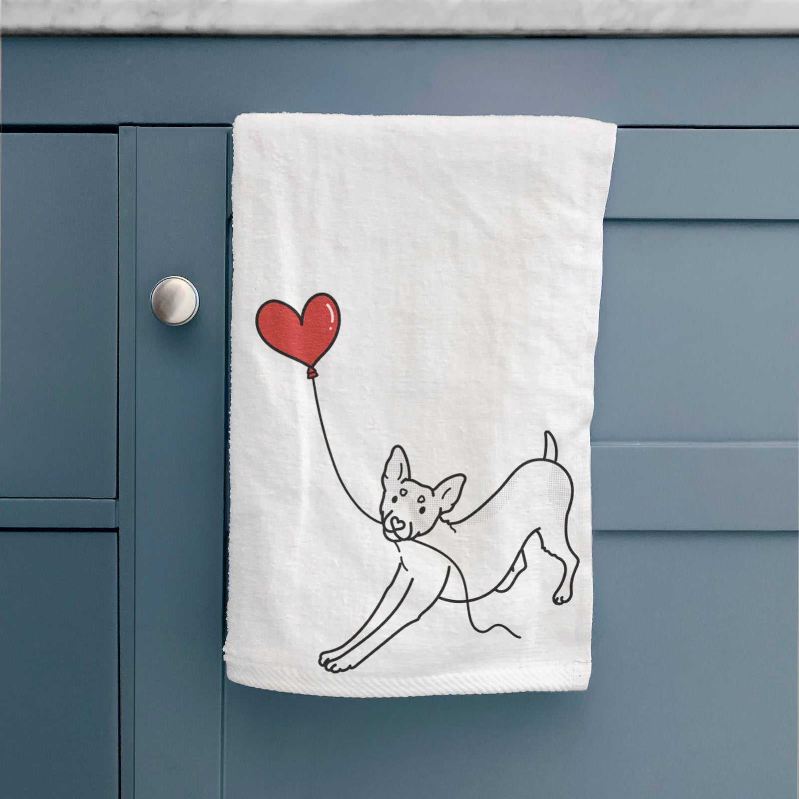 Minimalist line drawing of a Rat Terrier Heart String holding a heart balloon on a decorative hand towel