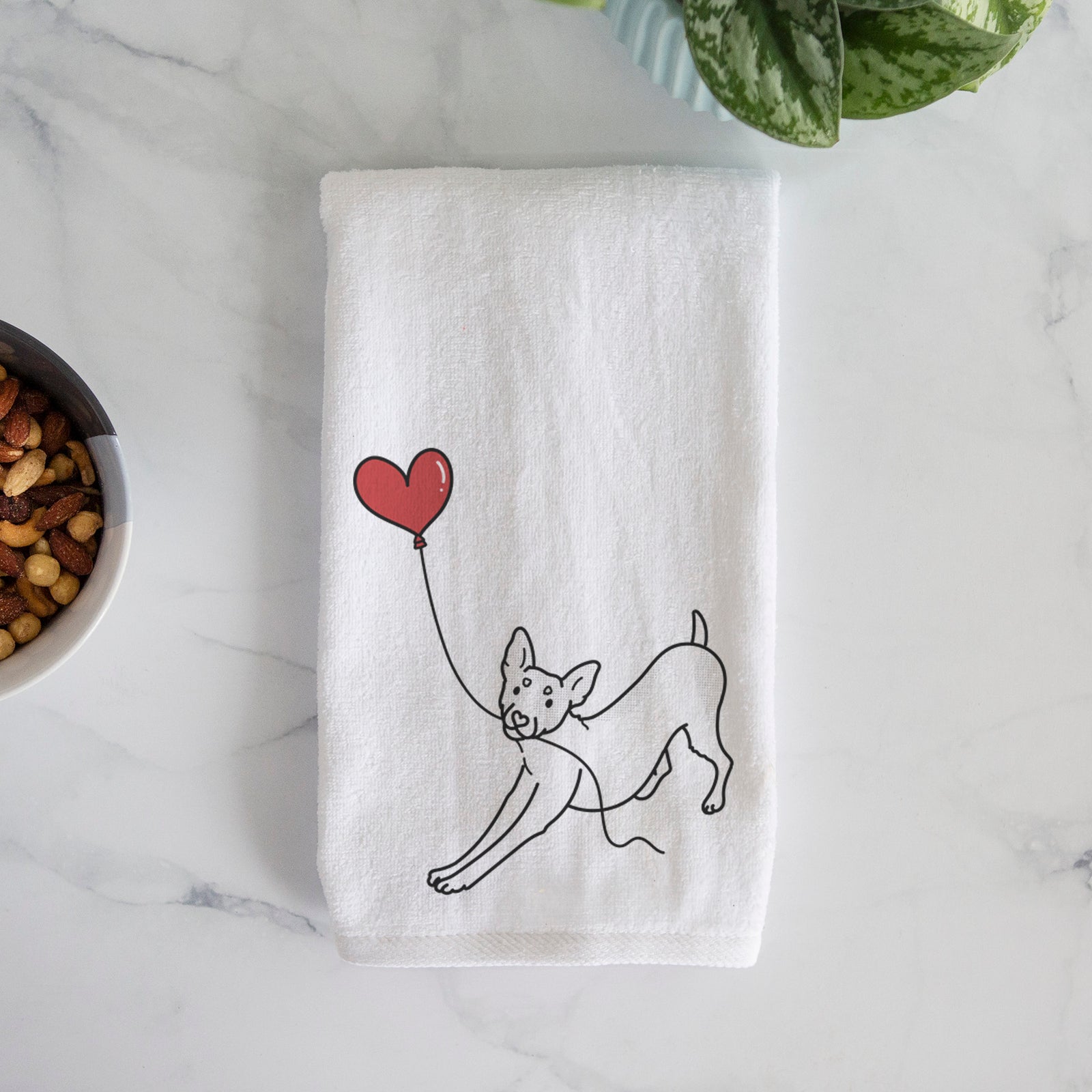 Minimalist line drawing of a Rat Terrier Heart String holding a heart balloon on a decorative hand towel