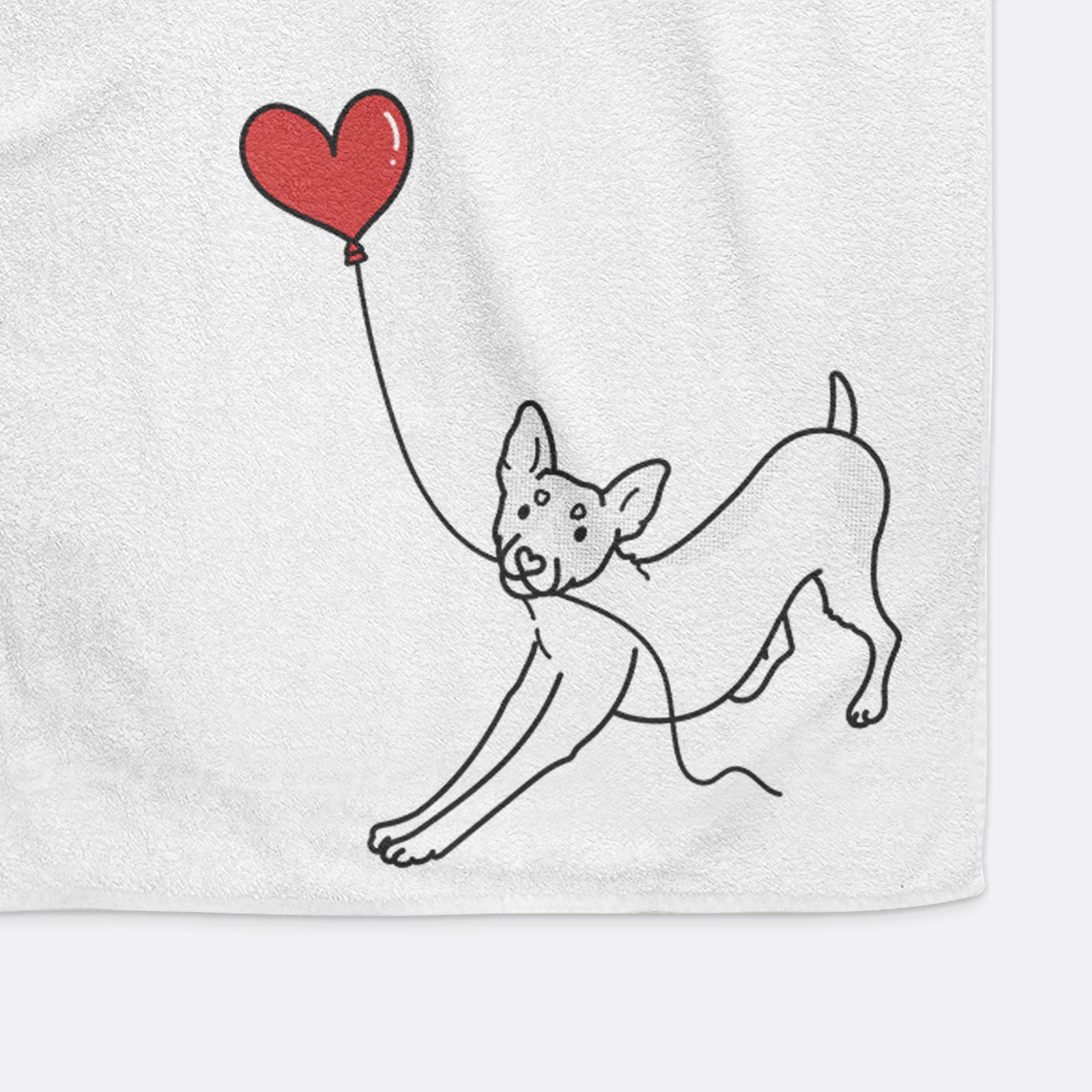 Minimalist line drawing of a Rat Terrier Heart String holding a heart balloon on a decorative hand towel