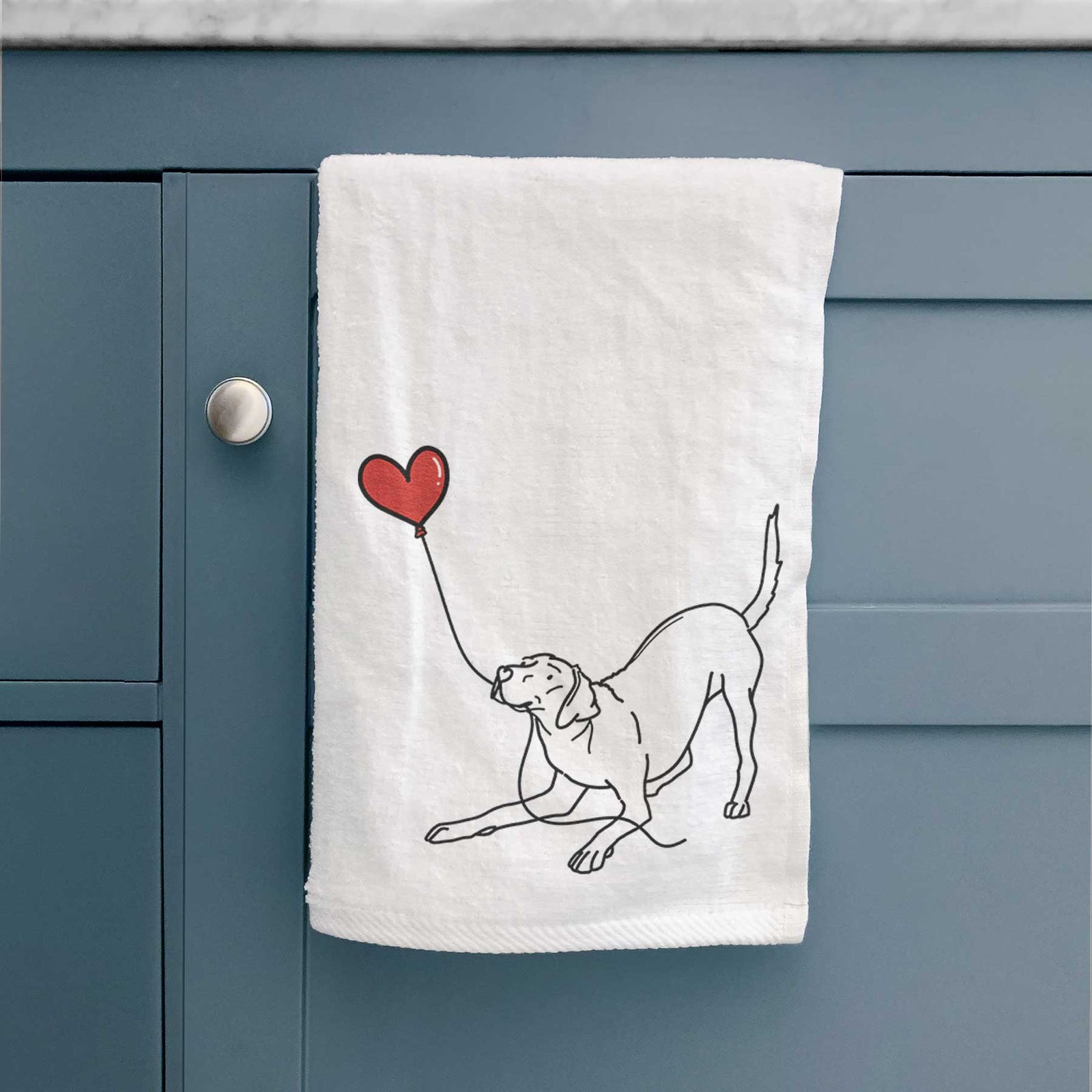 Minimalist line drawing of a Rhodesian Ridgeback Heart String holding a heart balloon on a decorative hand towel