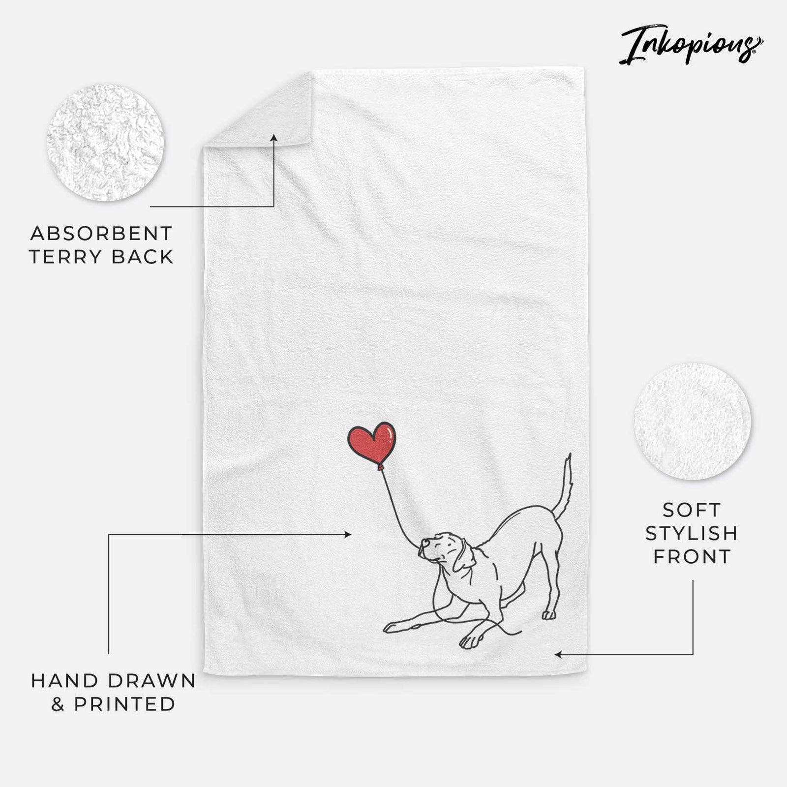 Minimalist line drawing of a Rhodesian Ridgeback Heart String holding a heart balloon on a decorative hand towel