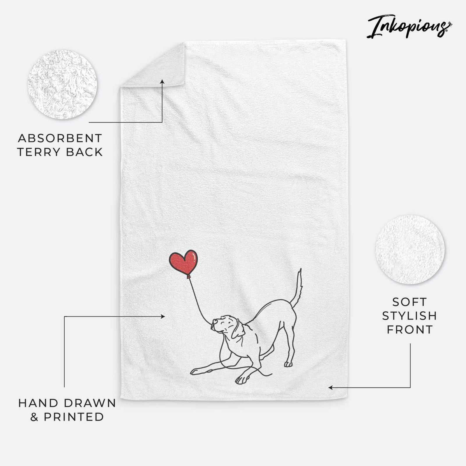 Minimalist line drawing of a Rhodesian Ridgeback Heart String holding a heart balloon on a decorative hand towel