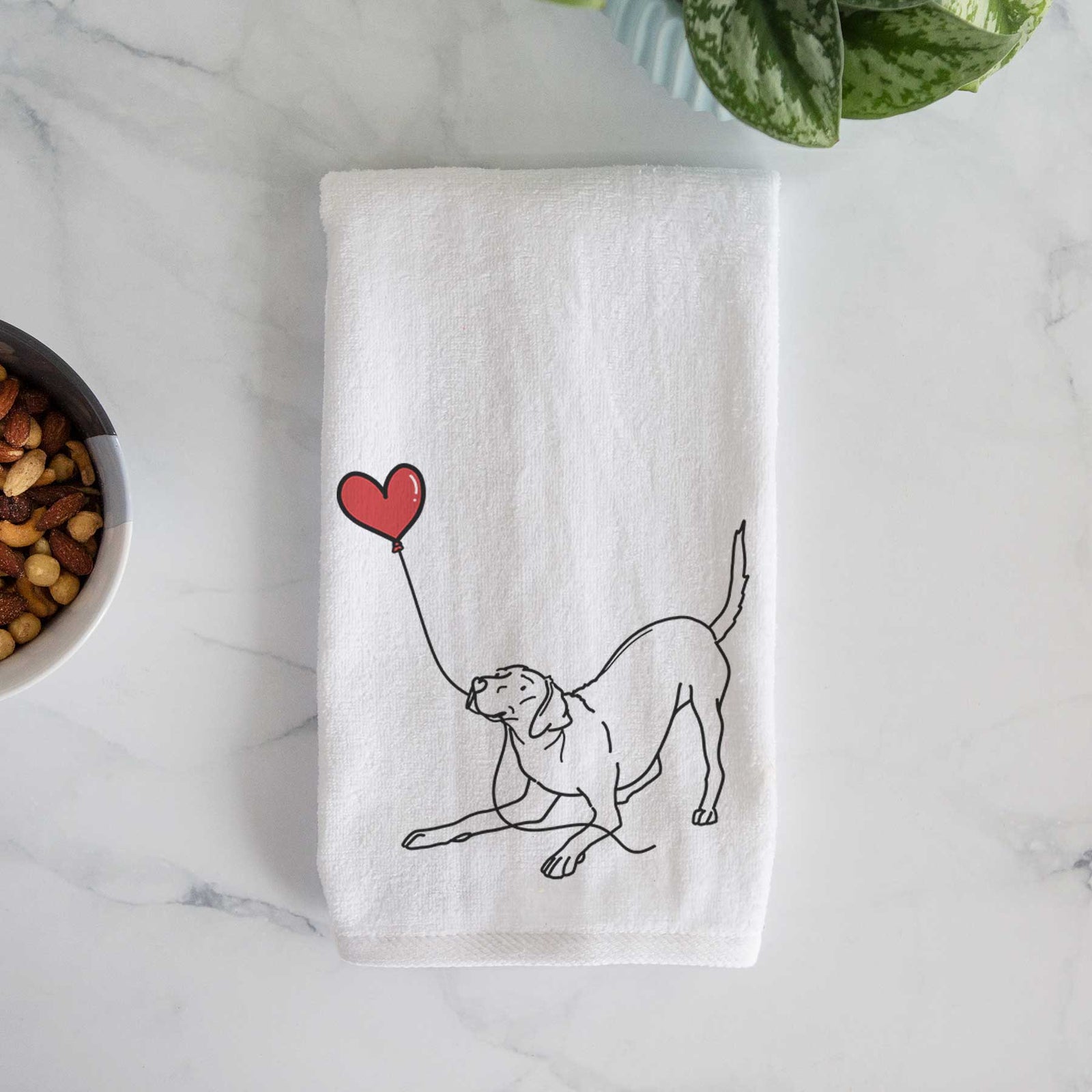 Minimalist line drawing of a Rhodesian Ridgeback Heart String holding a heart balloon on a decorative hand towel