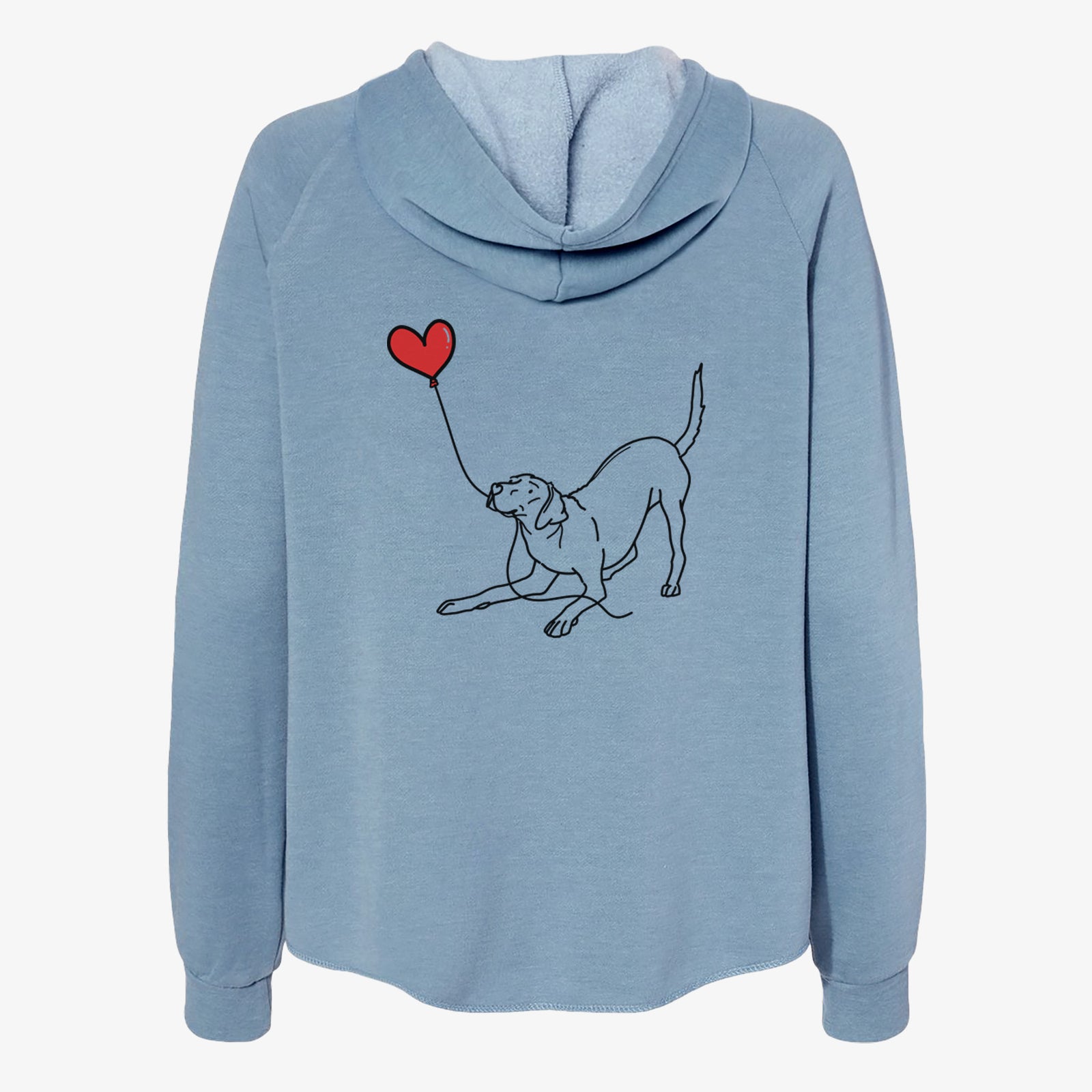 Minimalist line drawing of a Rhodesian Ridgeback Heart String- Women's Cali Wave Zip-Up Sweatshirt holding a heart balloon on a Misty Blue Cali Wave Zipup Sweatshirt