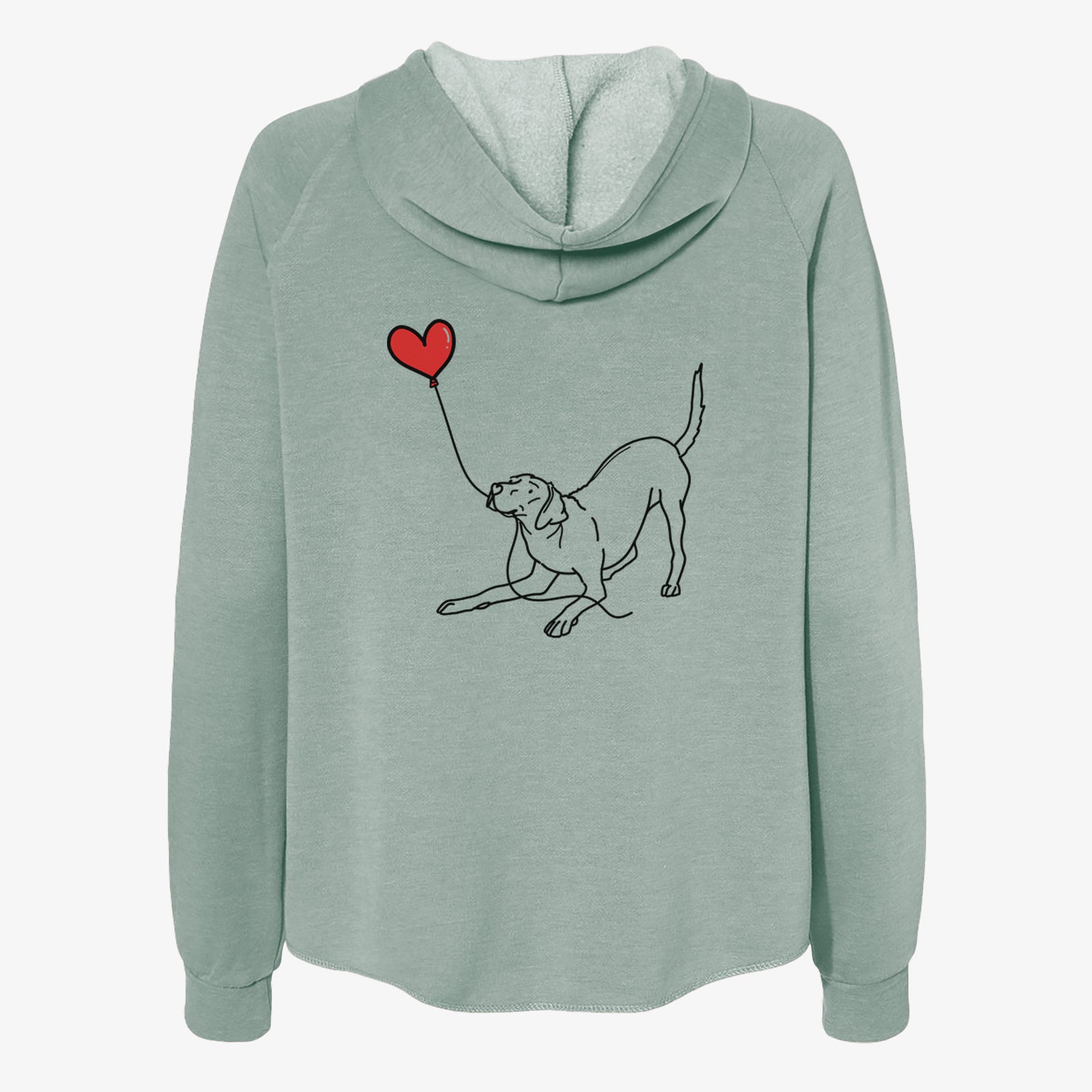 Minimalist line drawing of a Rhodesian Ridgeback Heart String- Women's Cali Wave Zip-Up Sweatshirt holding a heart balloon on a Sage Cali Wave Zipup Sweatshirt