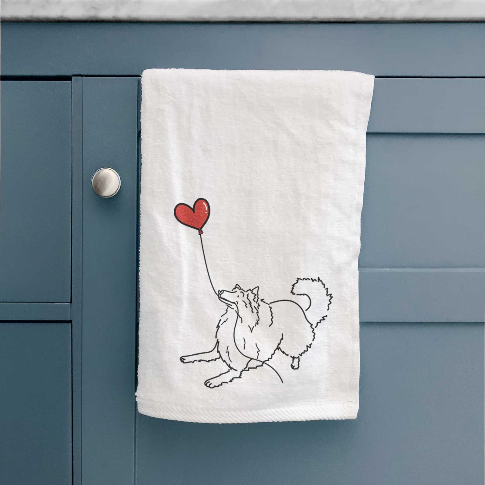 Minimalist line drawing of a Rough Collie Heart String holding a heart balloon on a decorative hand towel