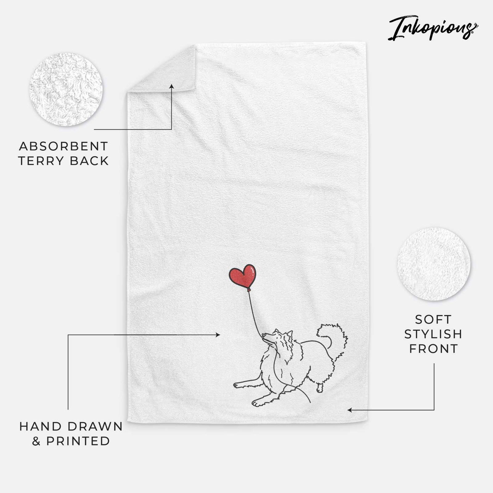 Minimalist line drawing of a Rough Collie Heart String holding a heart balloon on a decorative hand towel