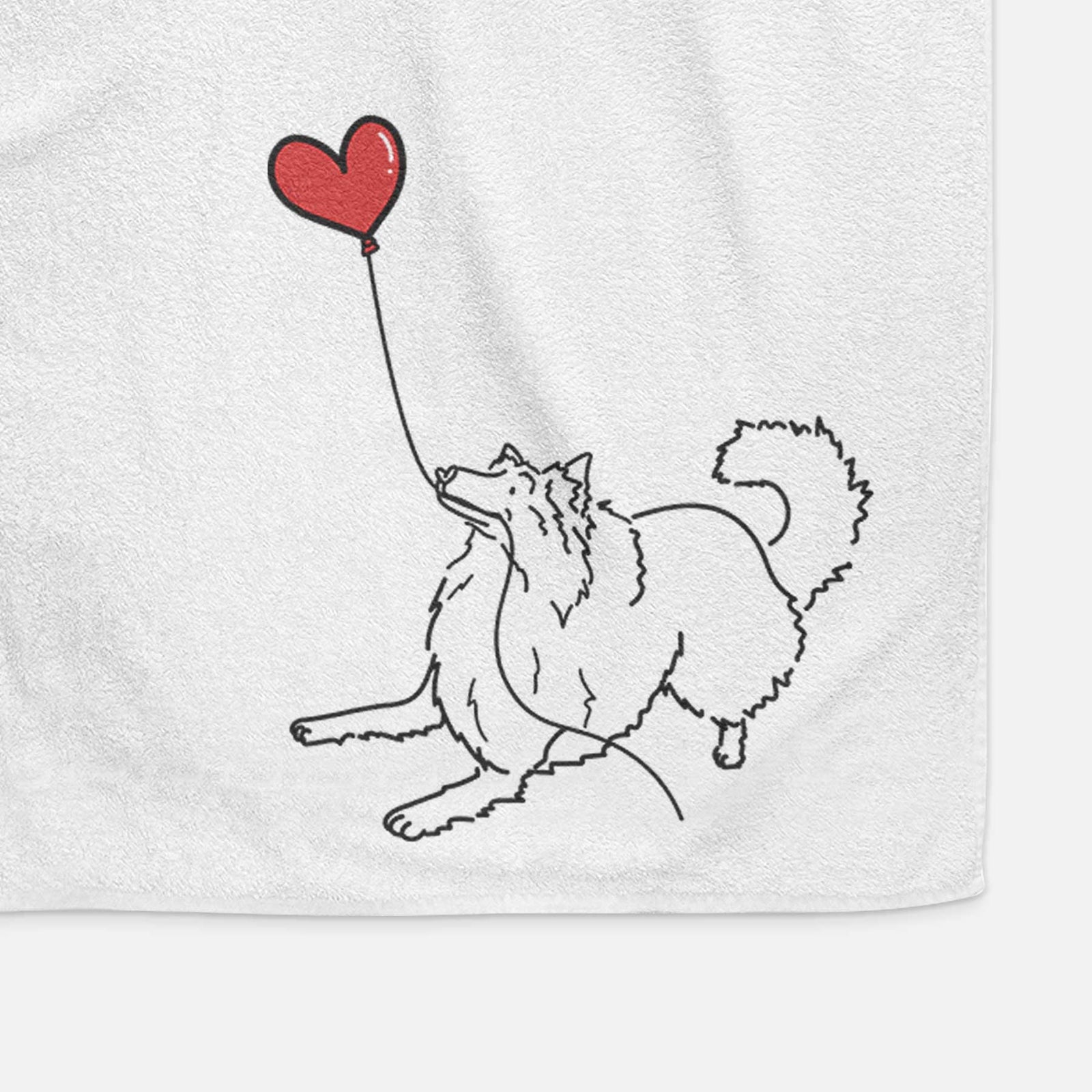 Minimalist line drawing of a Rough Collie Heart String holding a heart balloon on a decorative hand towel