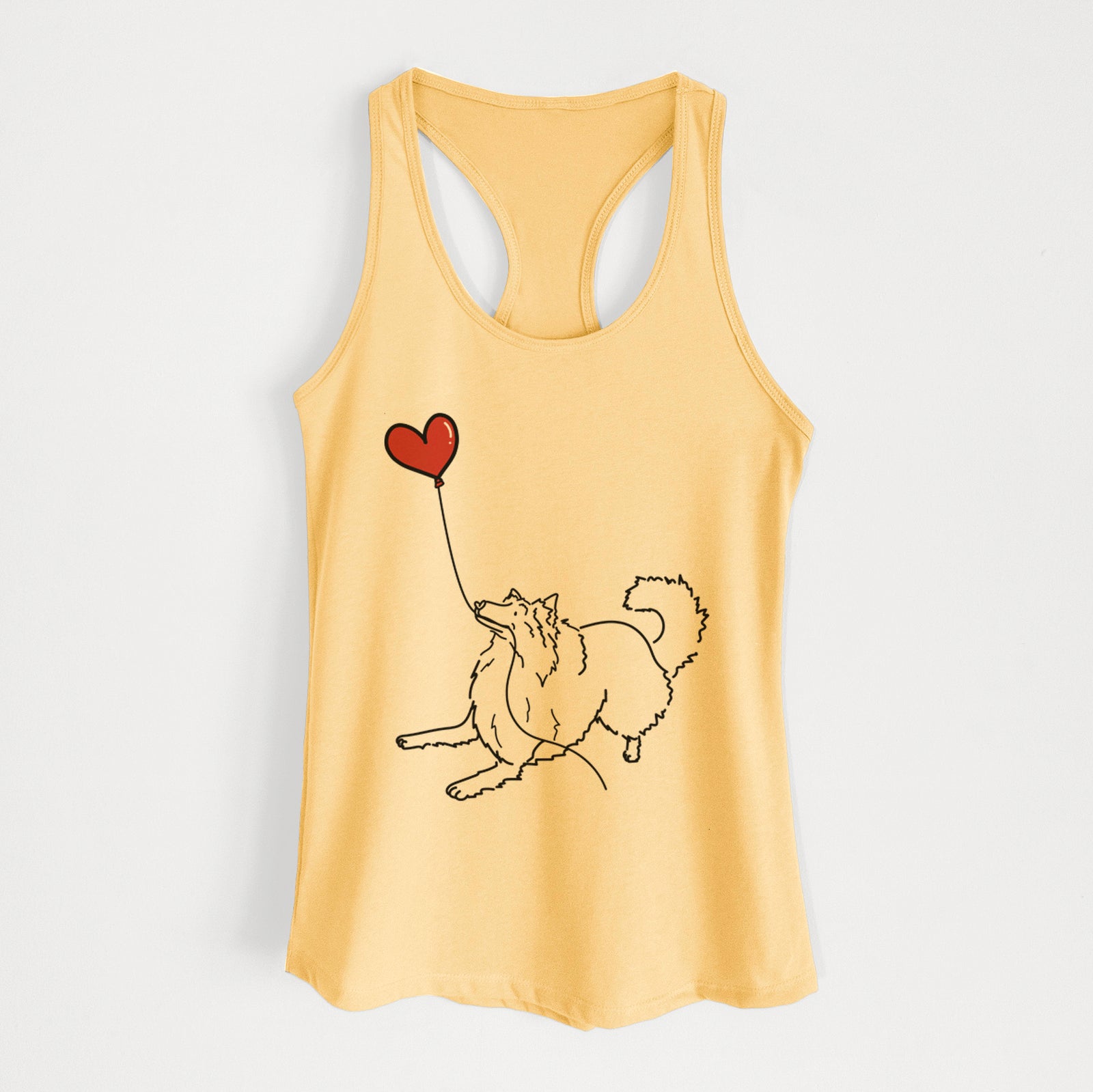Minimalist line drawing of a Rough Collie Heart String holding a heart balloon on a Banana Cream Women's racerback tanktop