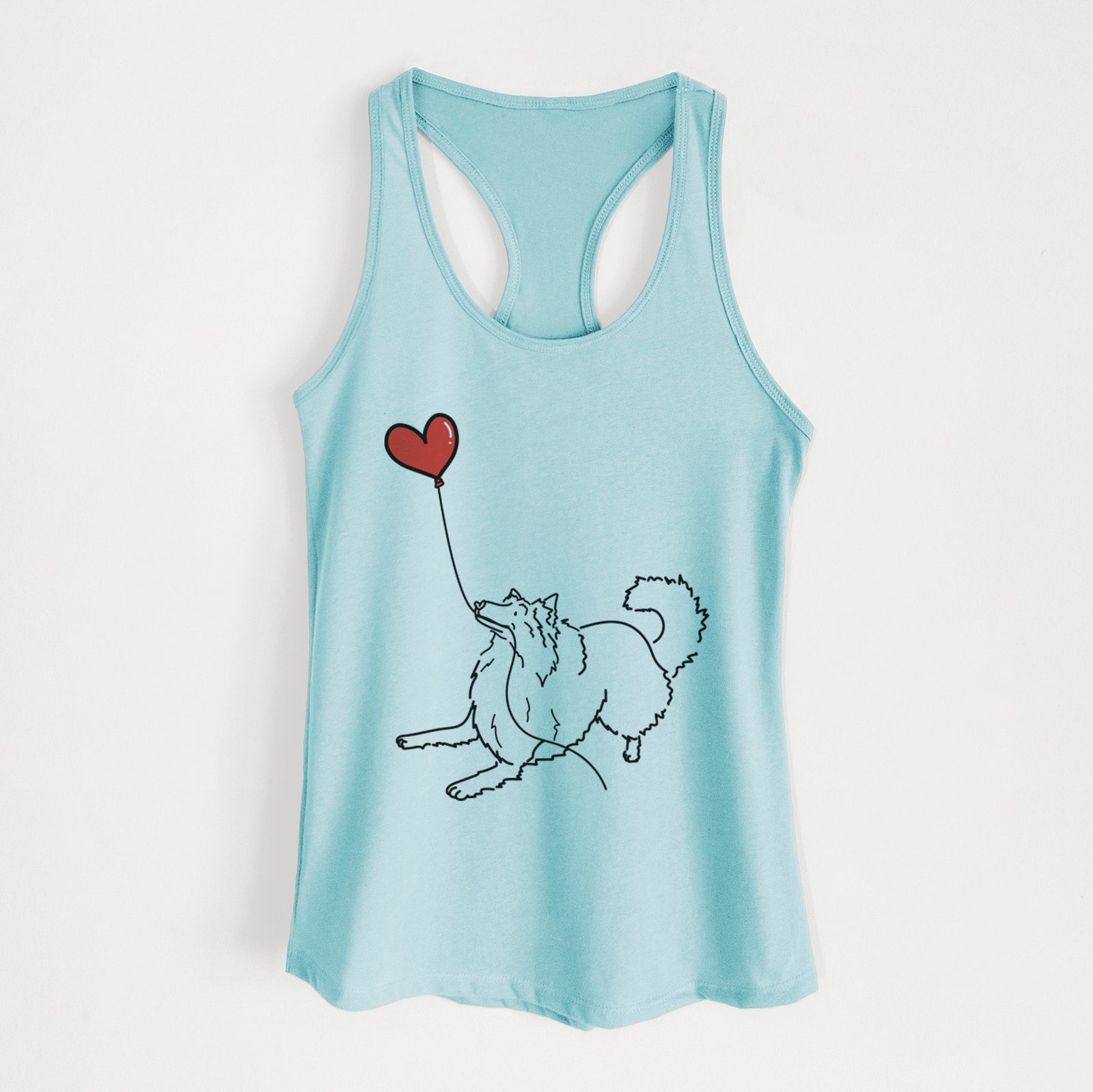 Minimalist line drawing of a Rough Collie Heart String holding a heart balloon on a Cancun Blue Women's racerback tanktop