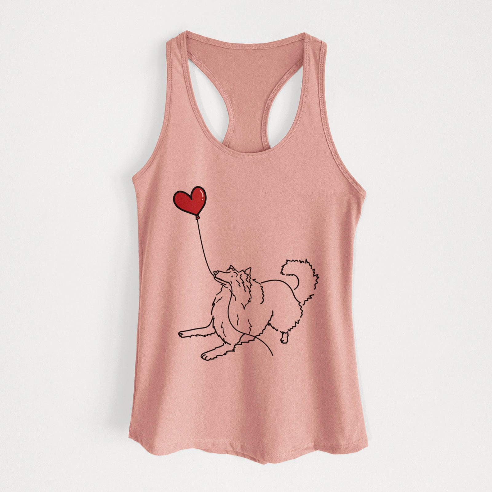 Minimalist line drawing of a Rough Collie Heart String holding a heart balloon on a Desert Pink Women's racerback tanktop