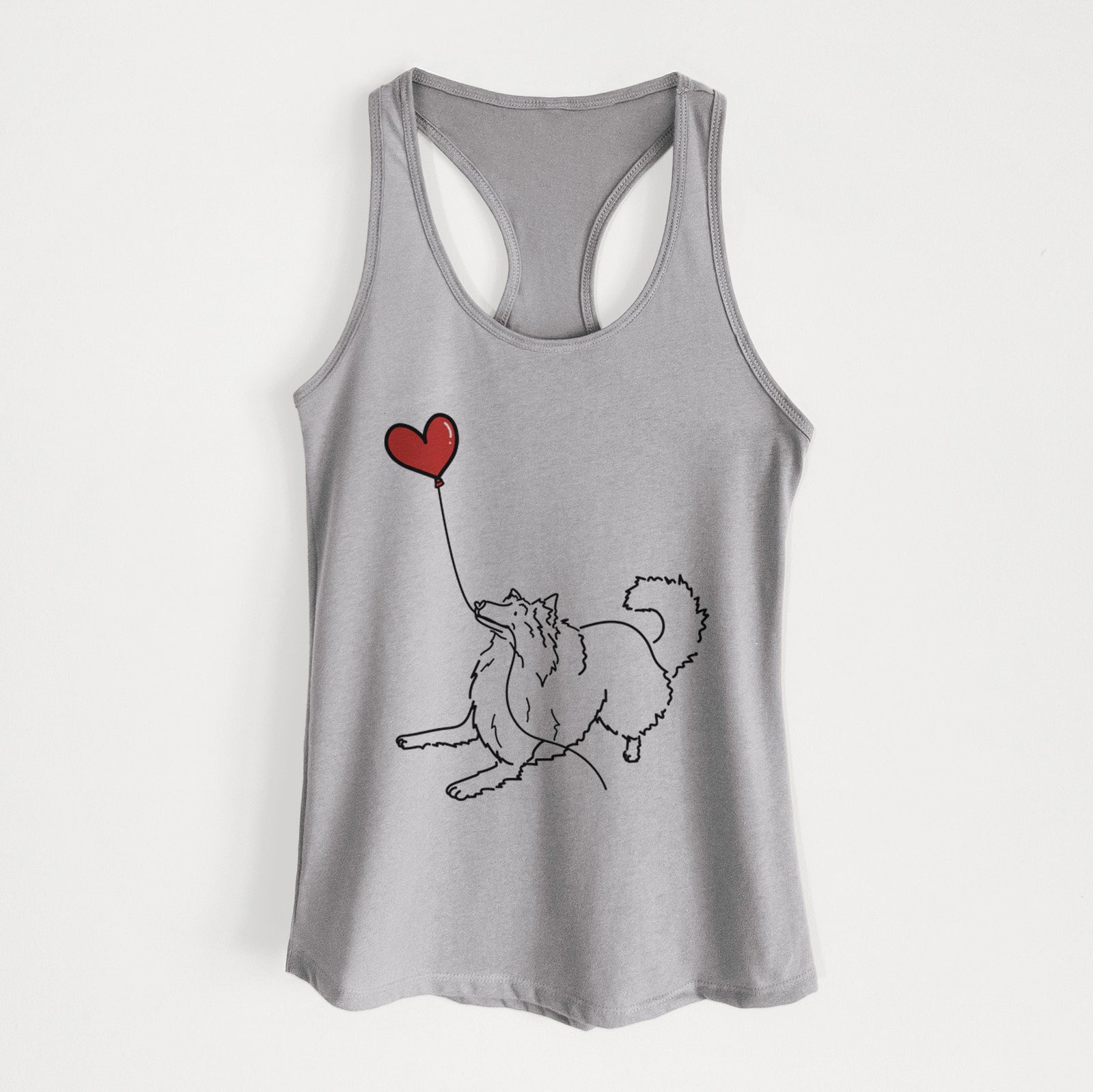 Minimalist line drawing of a Rough Collie Heart String holding a heart balloon on a Heather Grey Women's racerback tanktop