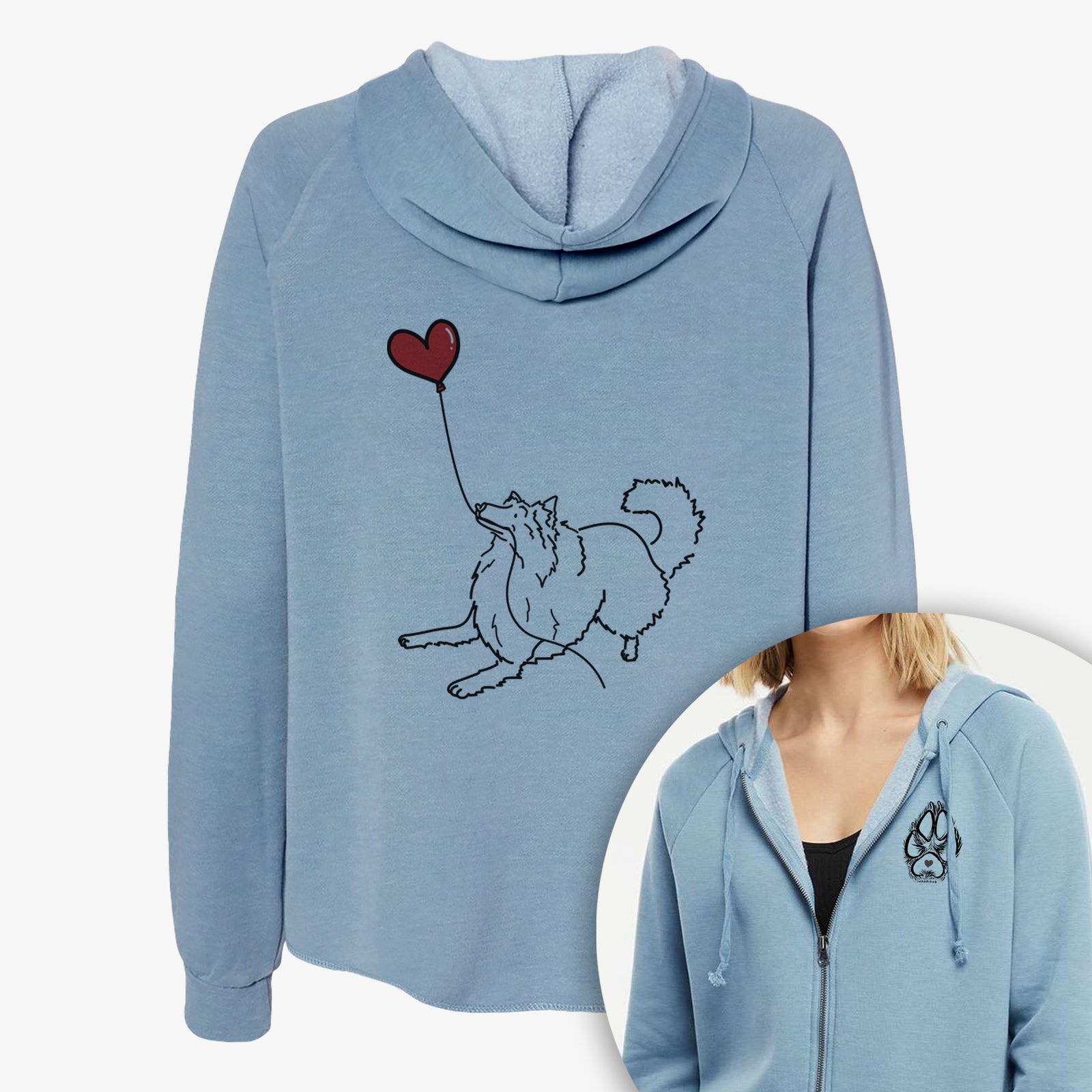 Minimalist line drawing of a Rough Collie Heart String- Women's Cali Wave Zip-Up Sweatshirt holding a heart balloon on a Cali Wave Zipup Sweatshirt, shown with icons of the other available costume styles