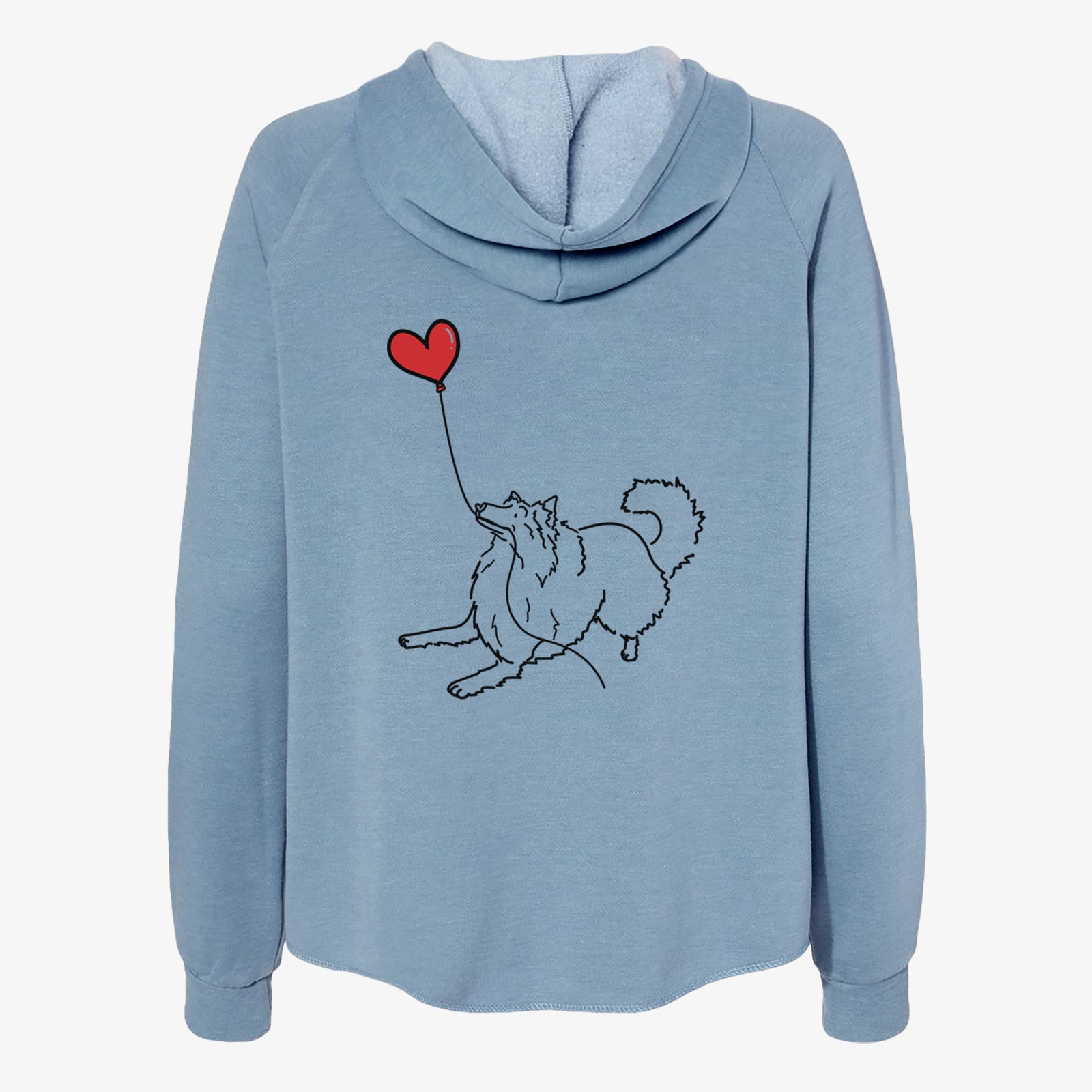 Minimalist line drawing of a Rough Collie Heart String- Women's Cali Wave Zip-Up Sweatshirt holding a heart balloon on a Misty Blue Cali Wave Zipup Sweatshirt