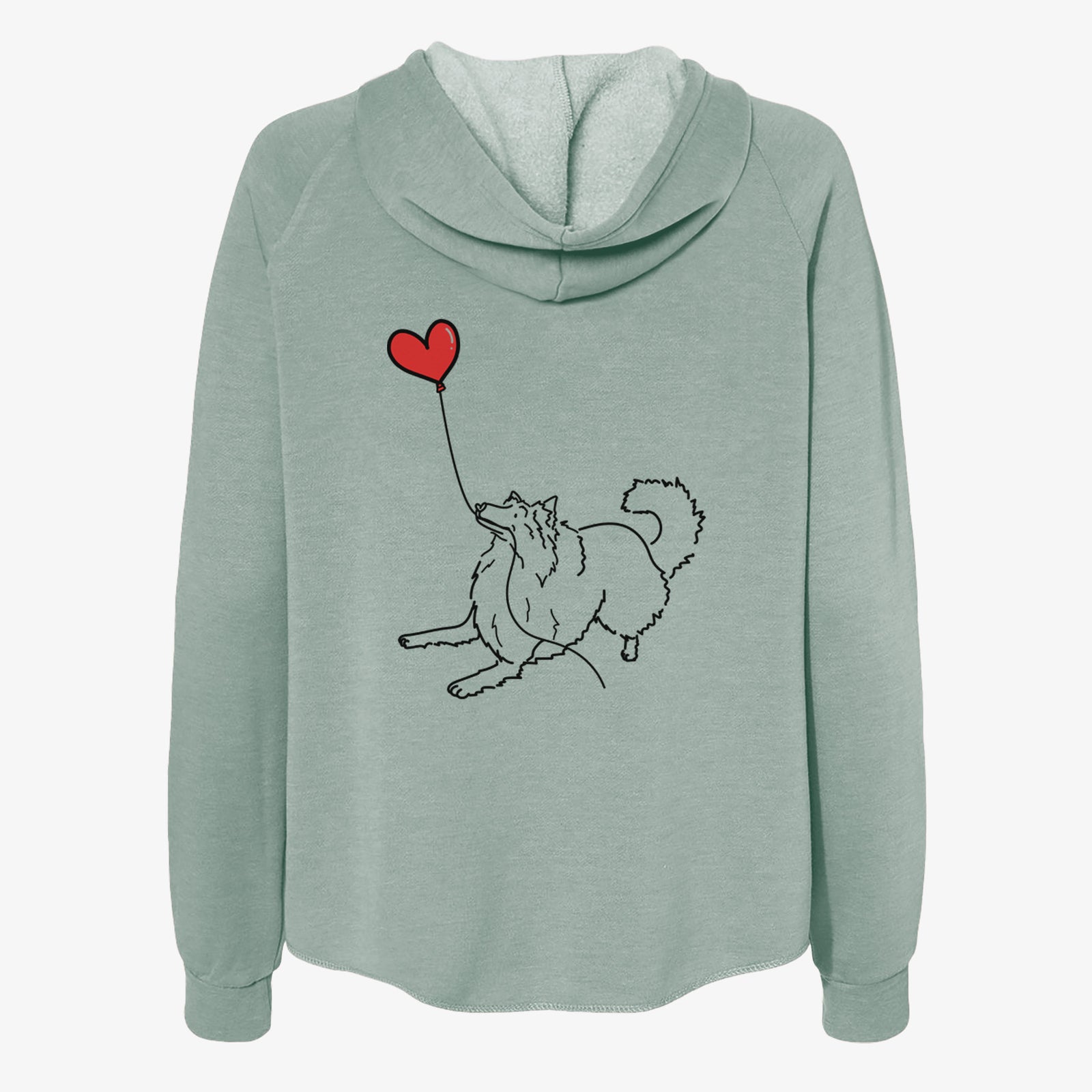 Minimalist line drawing of a Rough Collie Heart String- Women's Cali Wave Zip-Up Sweatshirt holding a heart balloon on a Sage Cali Wave Zipup Sweatshirt