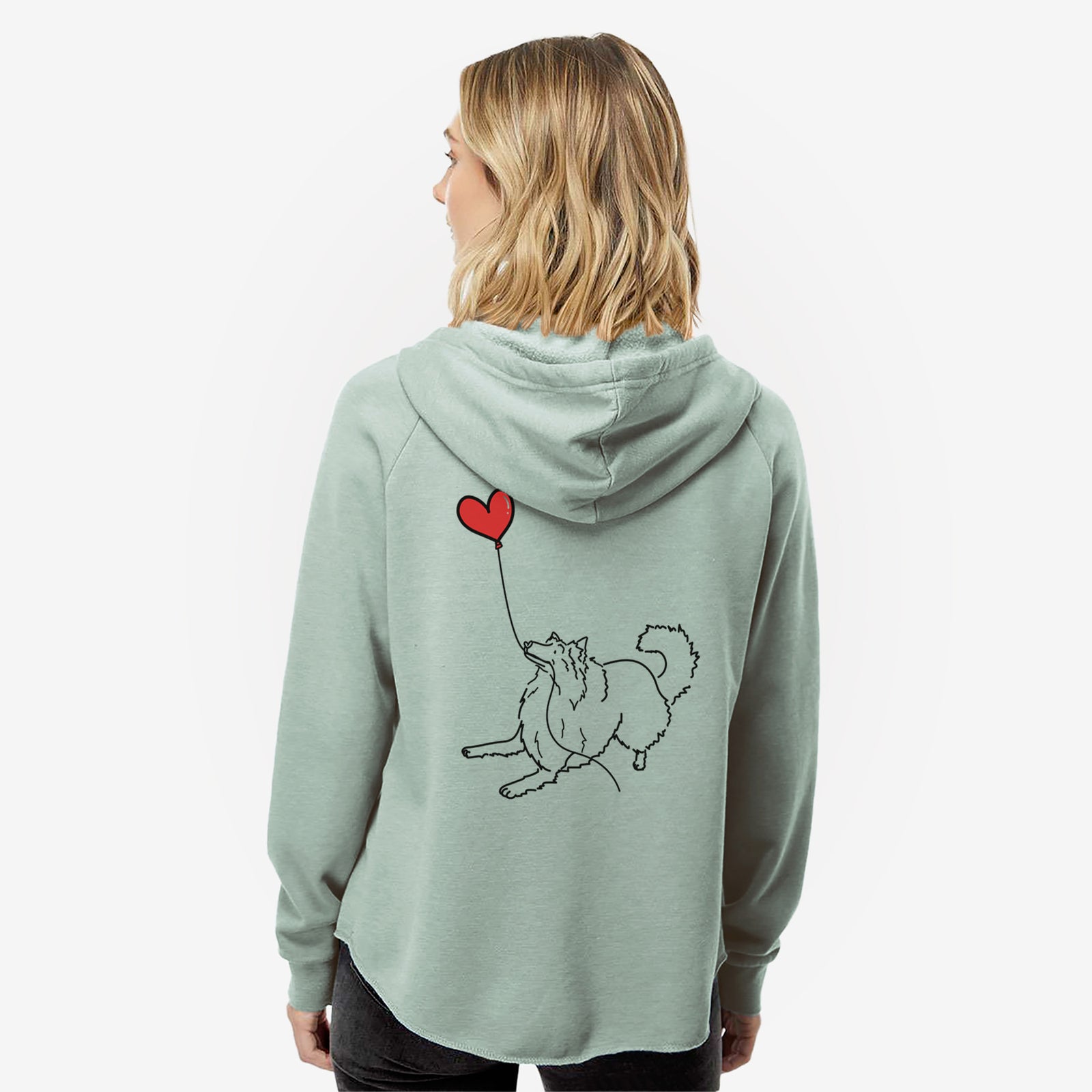 Minimalist line drawing of a Rough Collie Heart String- Women's Cali Wave Zip-Up Sweatshirt holding a heart balloon on a Sage Cali Wave Zipup Sweatshirt