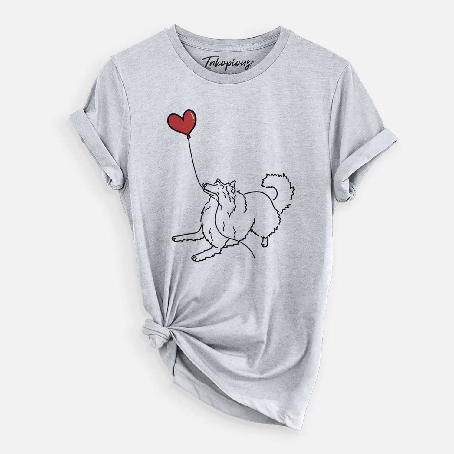 Minimalist line drawing of a Rough Collie Heart String holding a heart balloon on a Grey Unisex crewneck