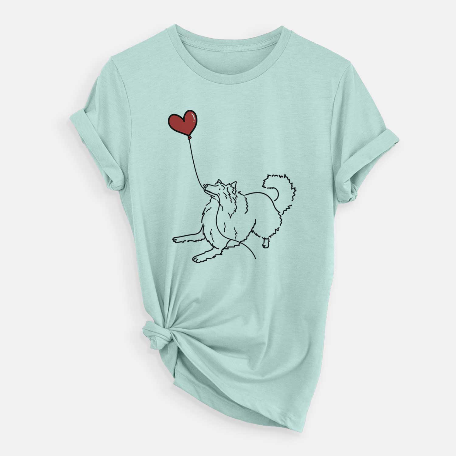 Minimalist line drawing of a Rough Collie Heart String holding a heart balloon on a Heather Sage Unisex crewneck