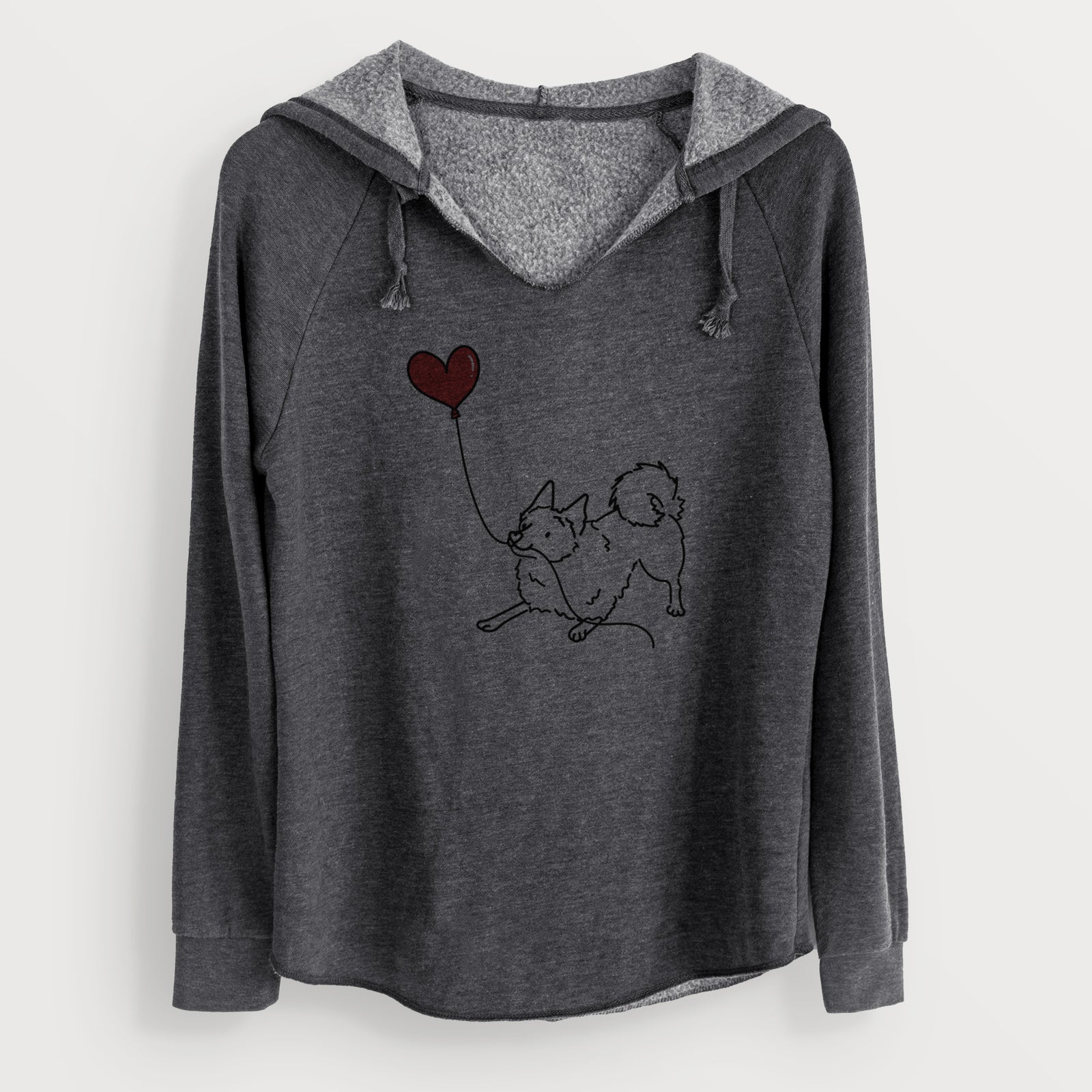 Minimalist line drawing of a Schipperke Heart String holding a heart balloon on a Charcoal Cali Wave Hooded Sweatshirt