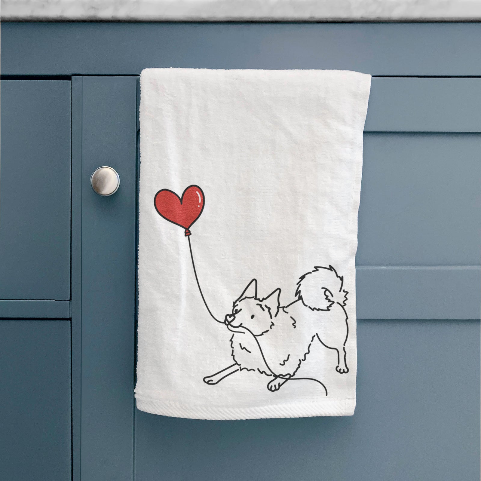 Minimalist line drawing of a Schipperke Heart String holding a heart balloon on a decorative hand towel