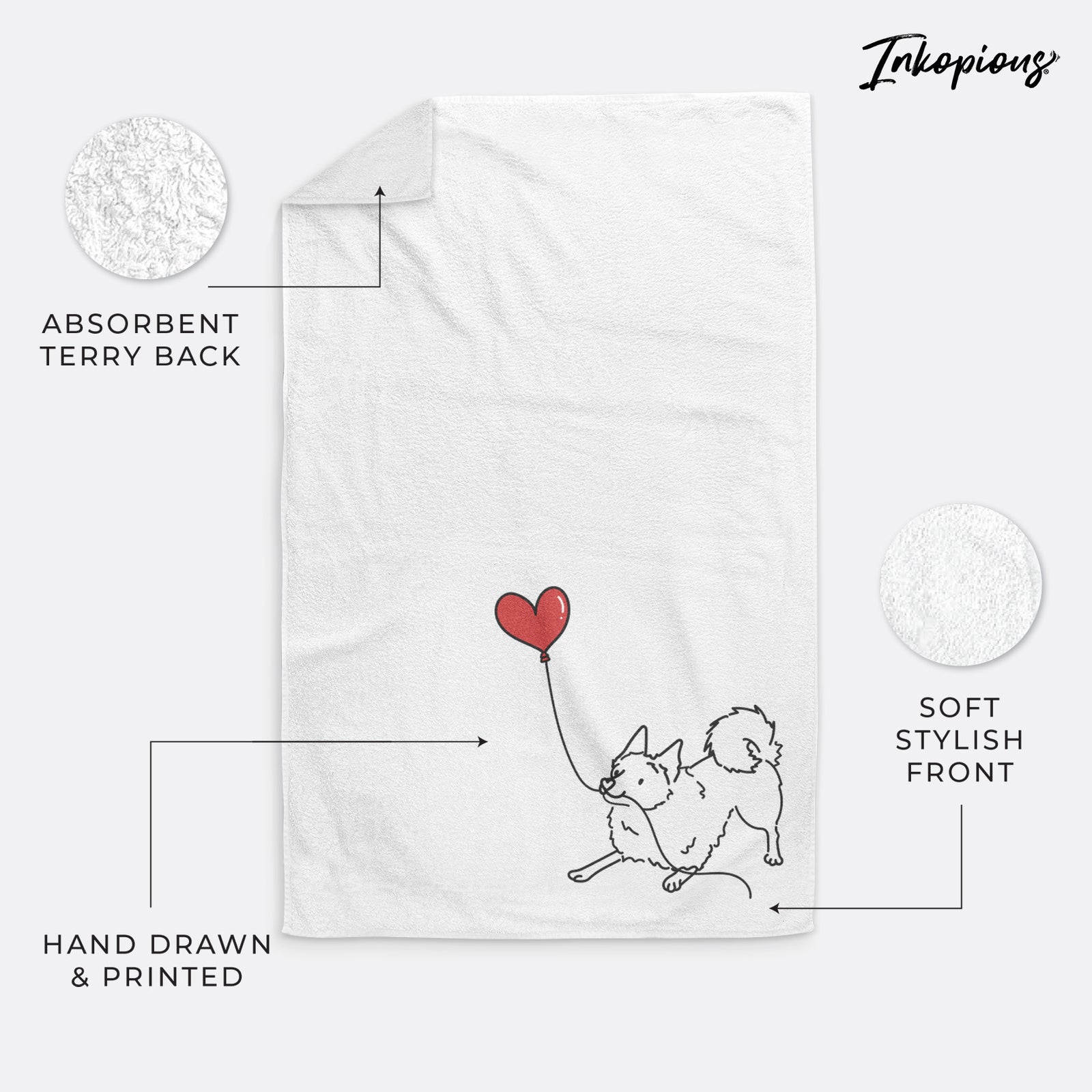 Minimalist line drawing of a Schipperke Heart String holding a heart balloon on a decorative hand towel