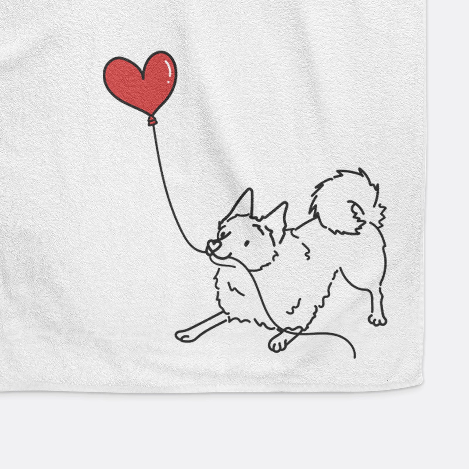 Minimalist line drawing of a Schipperke Heart String holding a heart balloon on a decorative hand towel