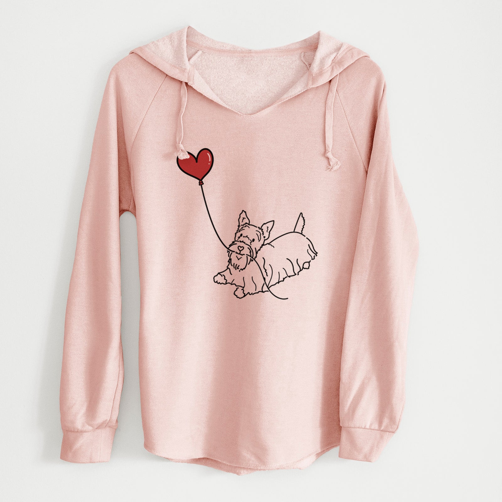 Minimalist line drawing of a Scottish Terrier Heart String holding a heart balloon on a Blush Cali Wave Hooded Sweatshirt