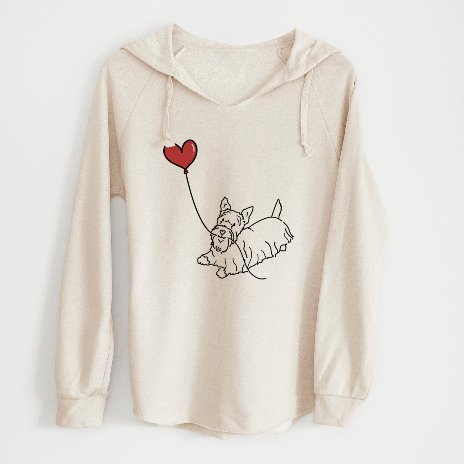 Minimalist line drawing of a Scottish Terrier Heart String holding a heart balloon on a Bone Cali Wave Hooded Sweatshirt