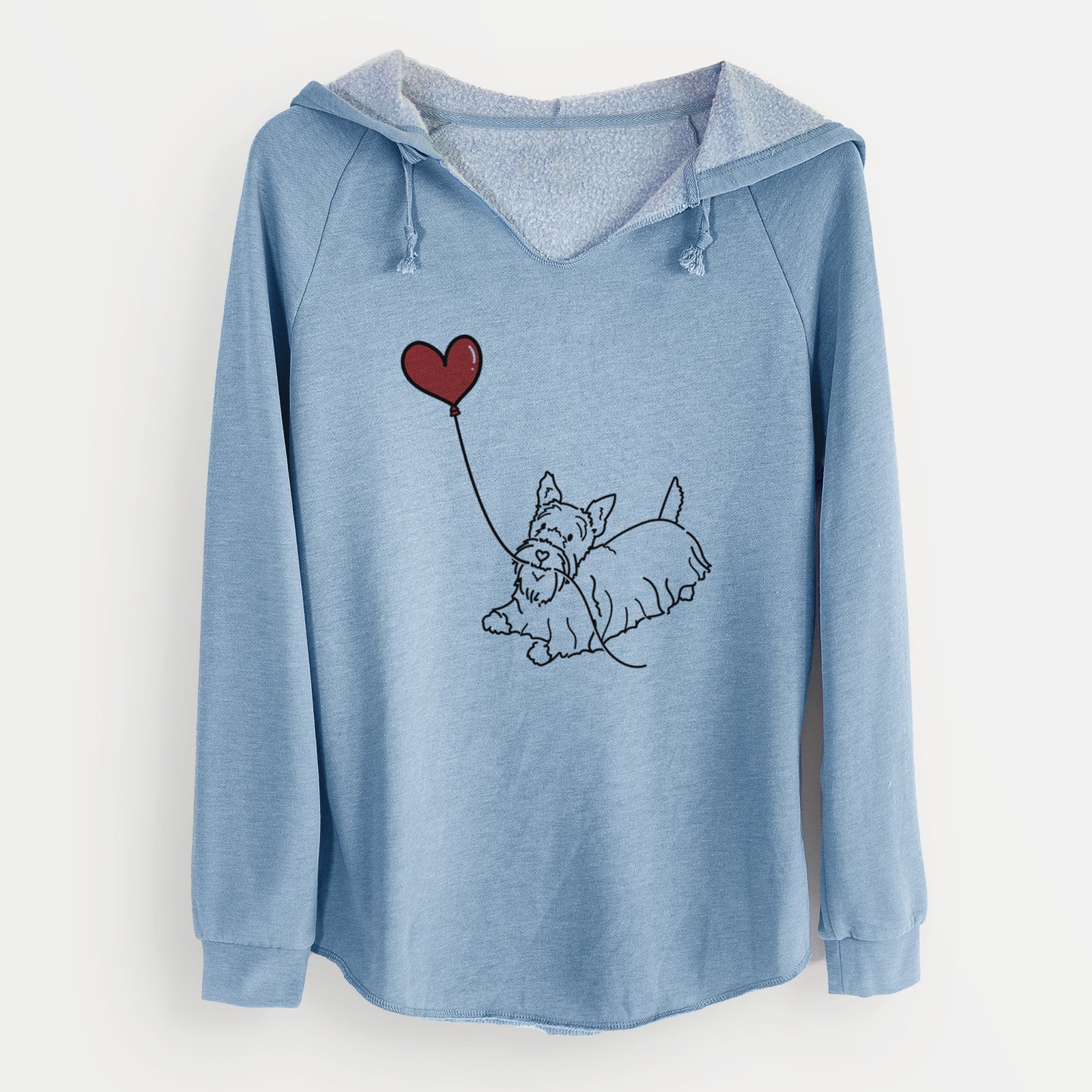 Minimalist line drawing of a Scottish Terrier Heart String holding a heart balloon on a Misty Blue Cali Wave Hooded Sweatshirt