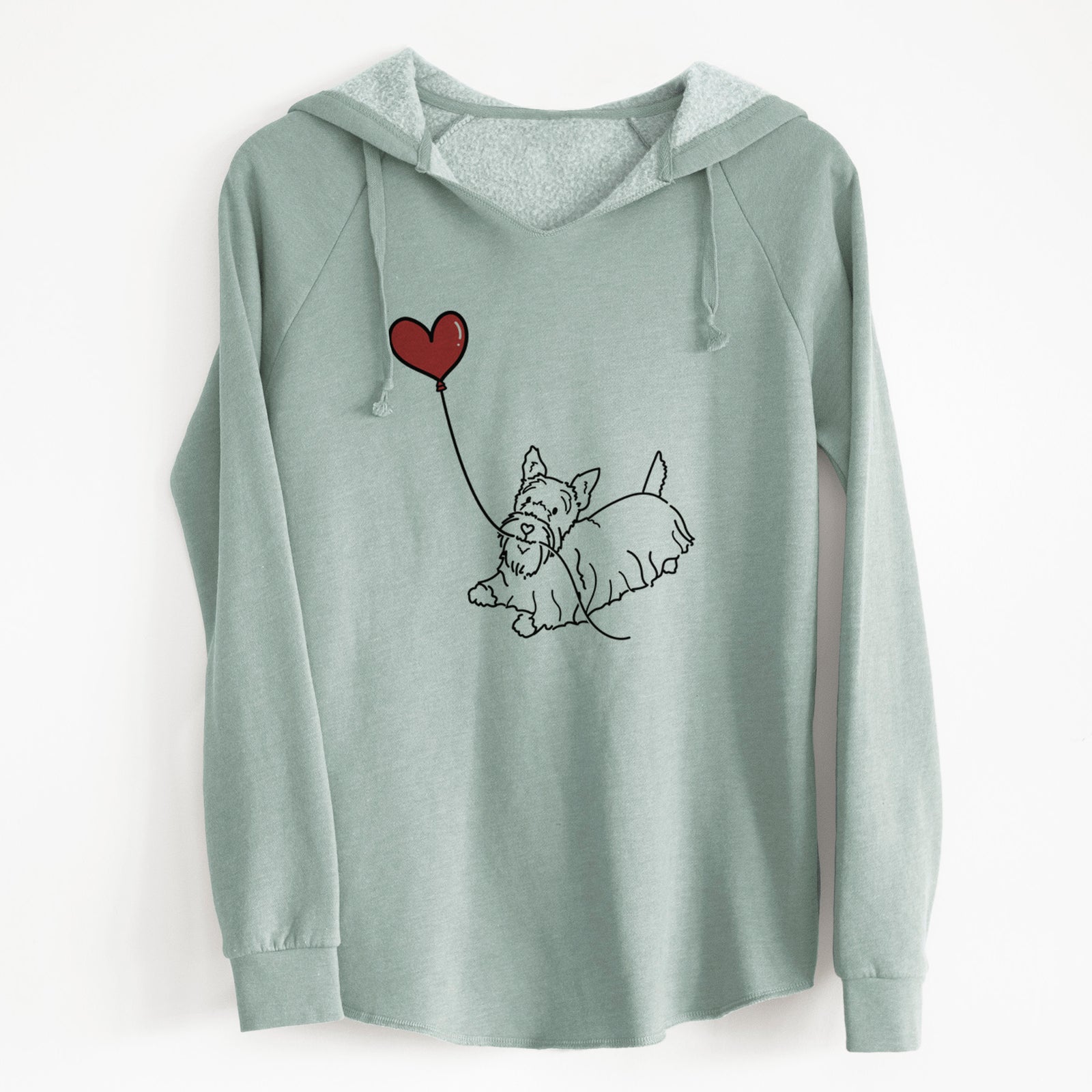 Minimalist line drawing of a Scottish Terrier Heart String holding a heart balloon on a Sage Cali Wave Hooded Sweatshirt