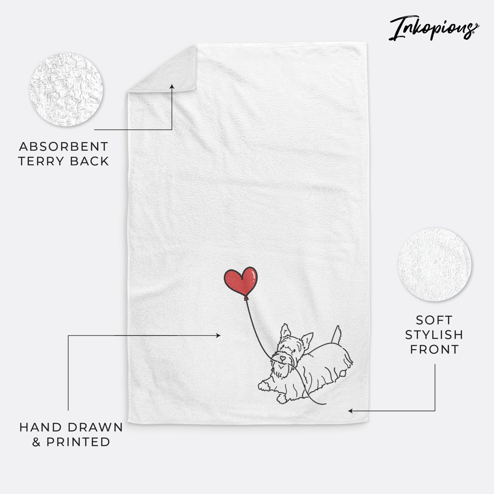 Minimalist line drawing of a Scottish Terrier Heart String holding a heart balloon on a decorative hand towel