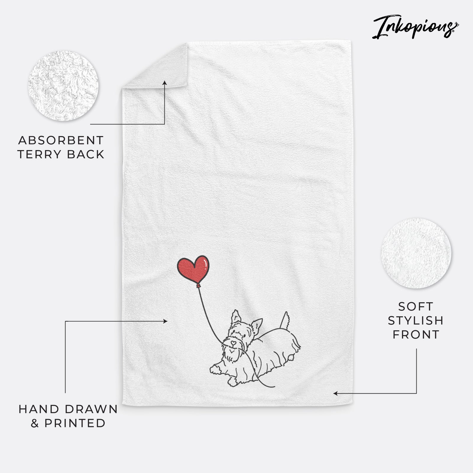 Minimalist line drawing of a Scottish Terrier Heart String holding a heart balloon on a decorative hand towel