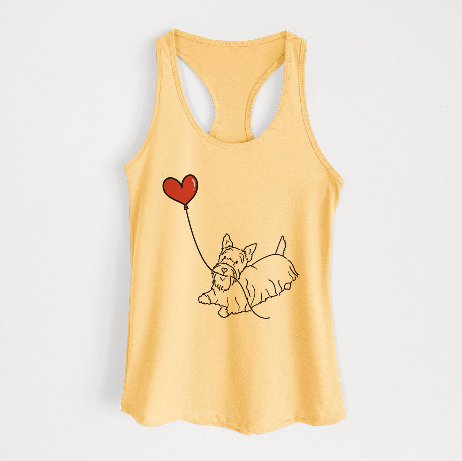 Minimalist line drawing of a Scottish Terrier Heart String holding a heart balloon on a Banana Cream Women's racerback tanktop