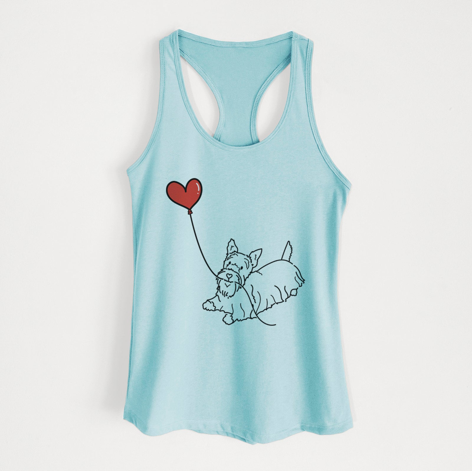 Minimalist line drawing of a Scottish Terrier Heart String holding a heart balloon on a Cancun Blue Women's racerback tanktop