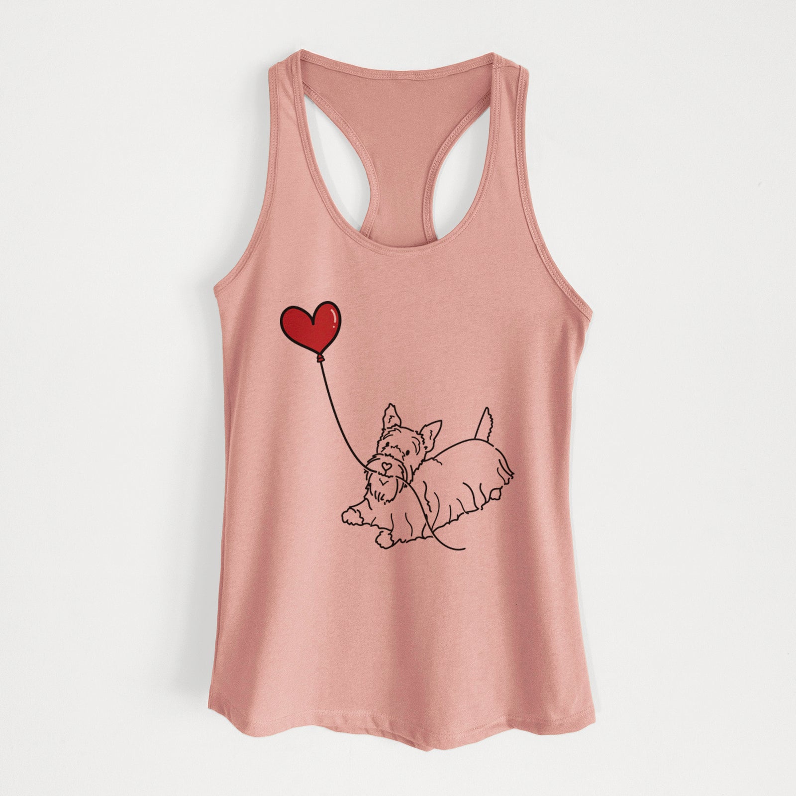 Minimalist line drawing of a Scottish Terrier Heart String holding a heart balloon on a Desert Pink Women's racerback tanktop