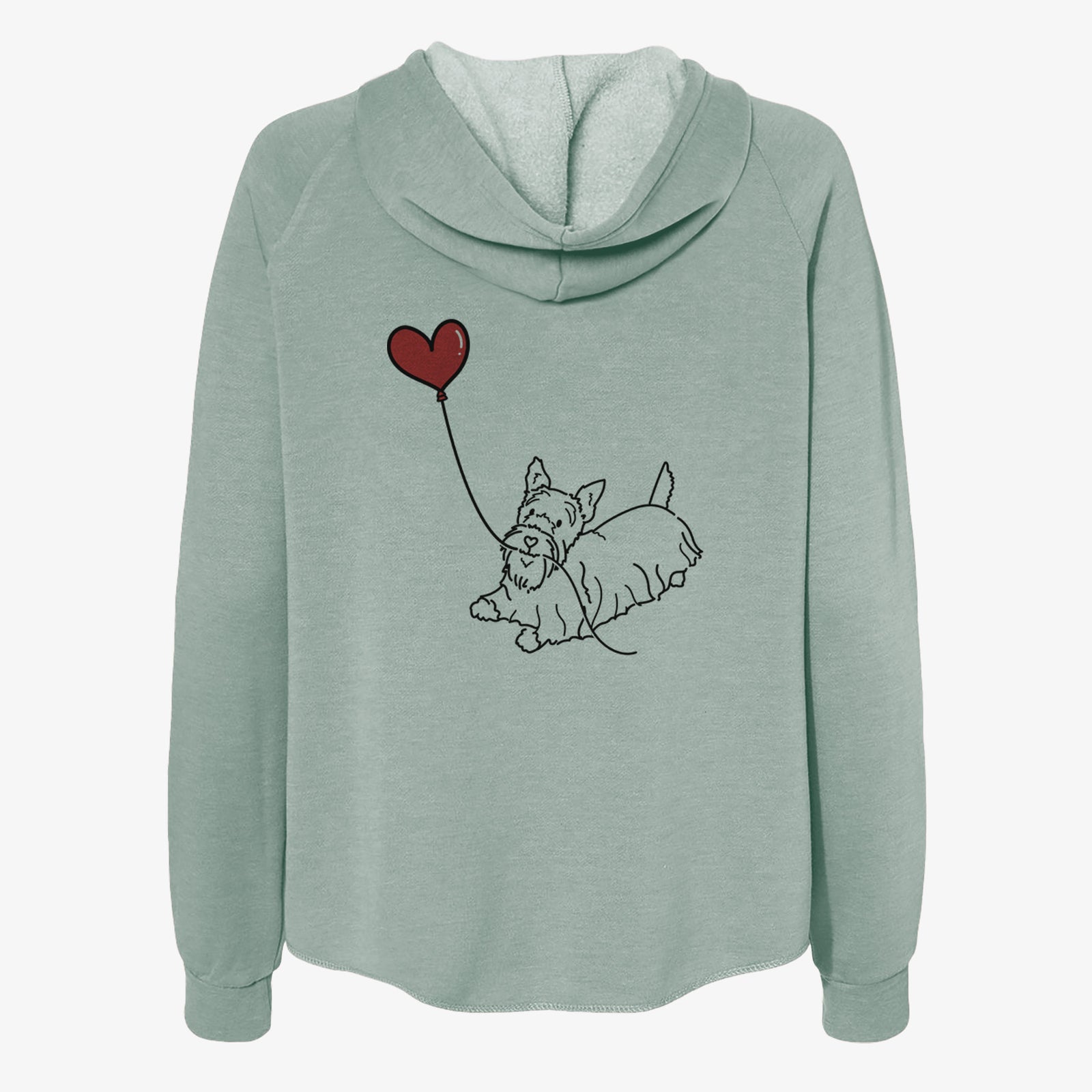 Minimalist line drawing of a Scottish Terrier Heart String- Women's Cali Wave Zip-Up Sweatshirt holding a heart balloon on a Sage Cali Wave Zipup Sweatshirt
