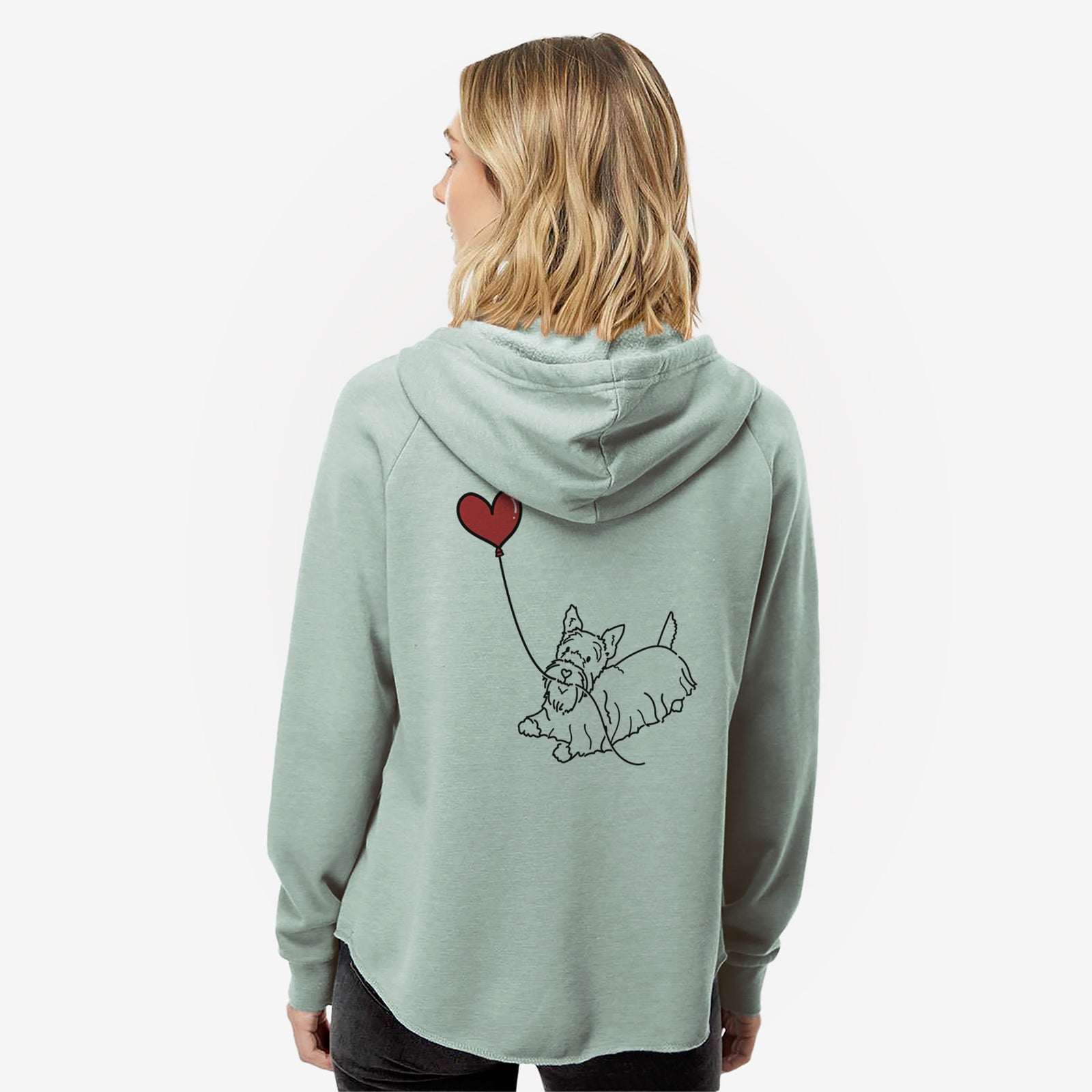 Minimalist line drawing of a Scottish Terrier Heart String- Women's Cali Wave Zip-Up Sweatshirt holding a heart balloon on a Sage Cali Wave Zipup Sweatshirt
